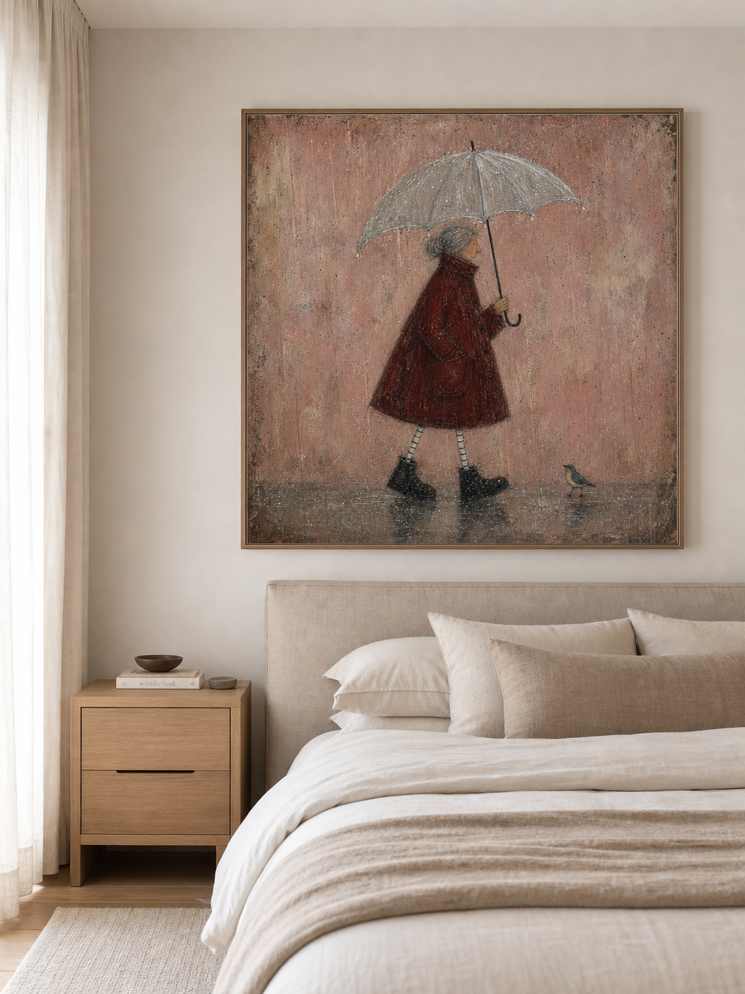Original Handmade Painting Red Coat Woman In Rain Minimalist Wall Art