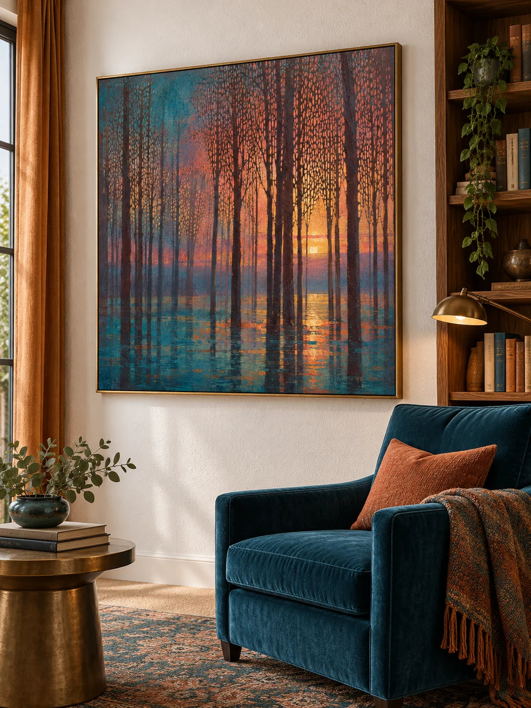 Large Textured Woodland Painting In Teal And Burnt Orange For Living Room Decor