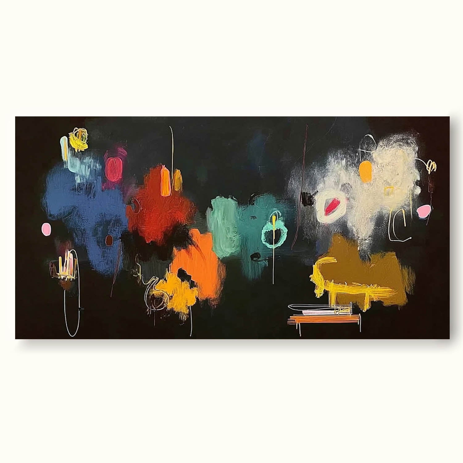Large Horizontal Abstract Oil Painting With Vibrant Colors For Modern Living Room