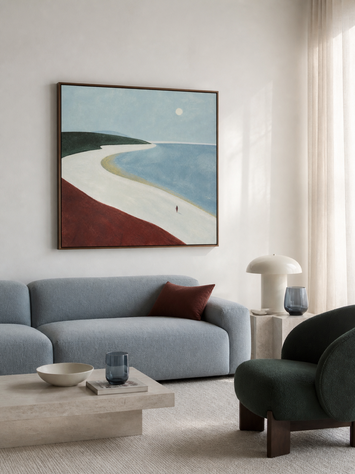 Minimalist Moonlit Beach Painting Original Art In Soft Blue And Earth Tones