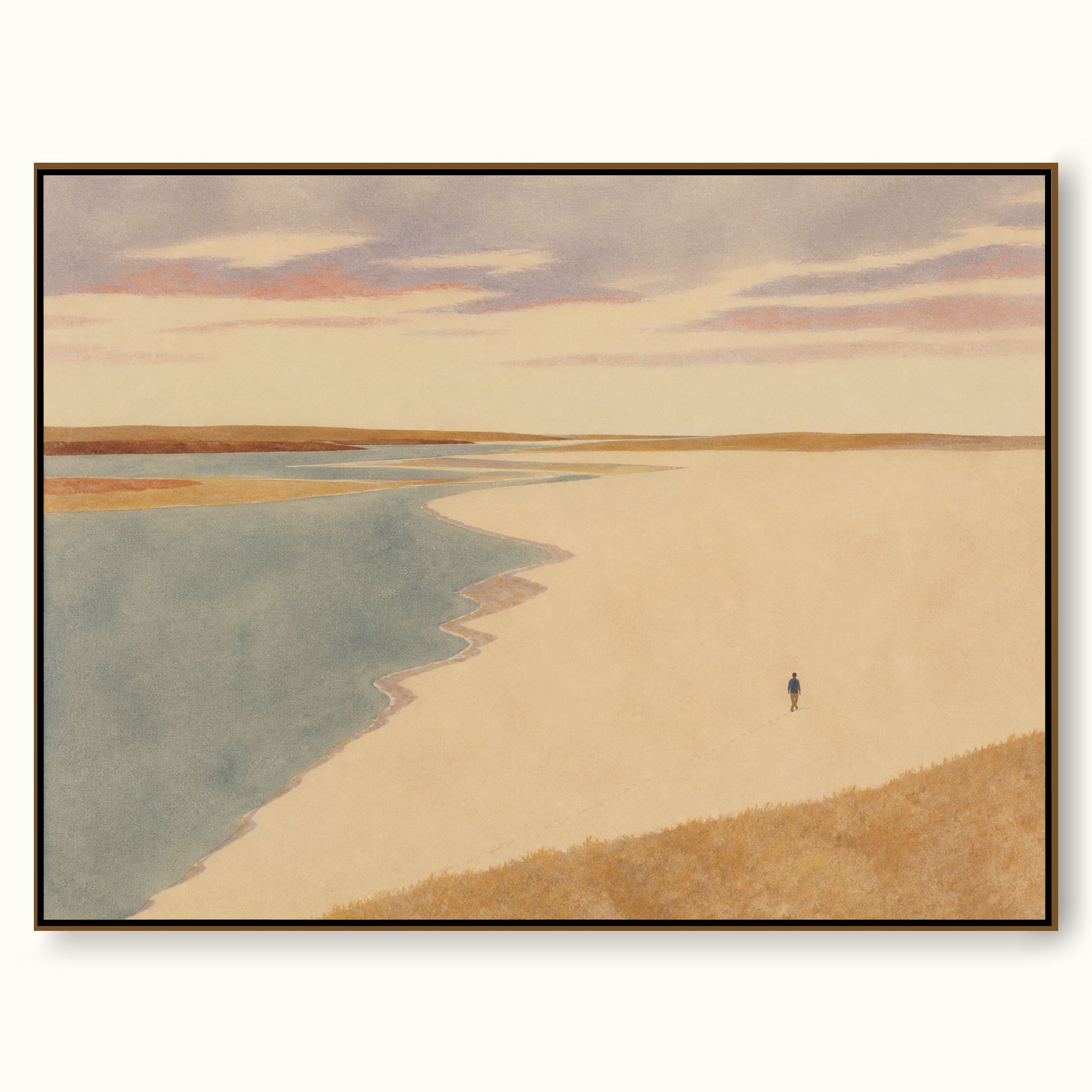 Warm Gold Estuary Landscape Canvas Art With Lone Walker For Bedroom Decor