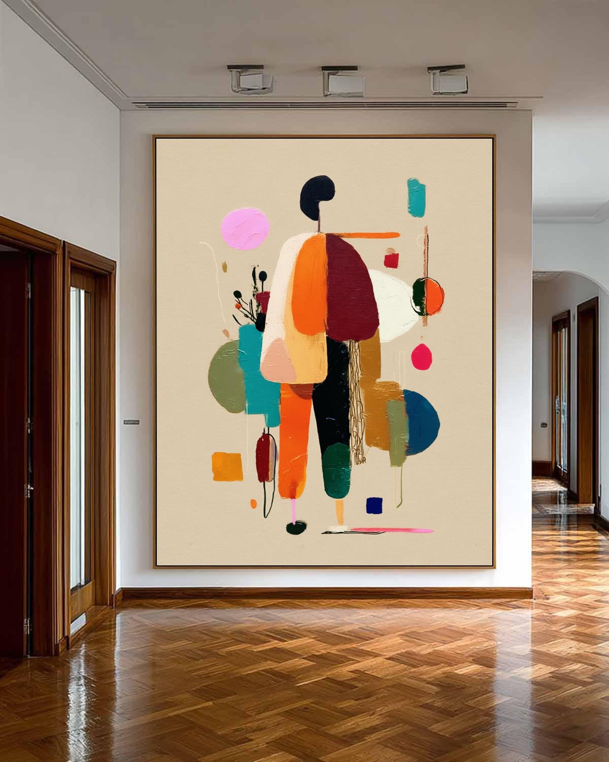 Colorful Minimalist Abstract Oil Painting With Textured Beige Background