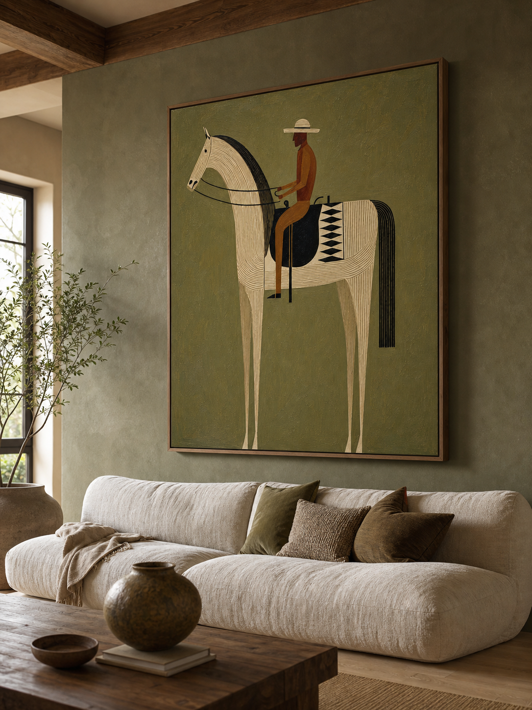 Retro Minimalist Horse And Rider Painting With Earthy Tones For Modern Home Decor