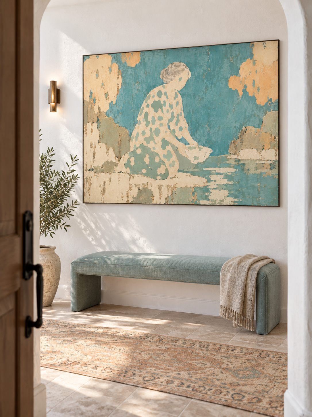Contemporary Woman Canvas Art In Soft Blue And Cream For Living Room Decor
