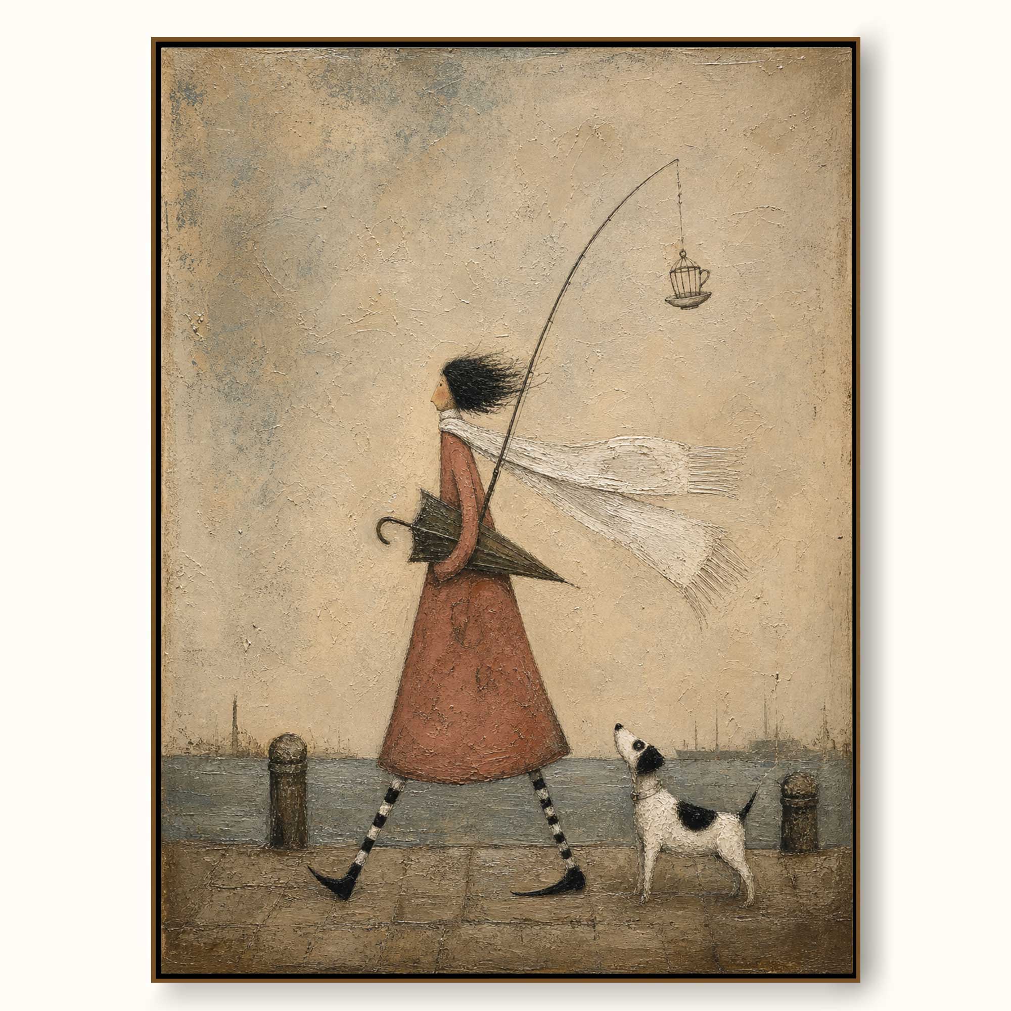 Whimsical Coastal Girl With Dog Painting Original Art For Living Room Decor