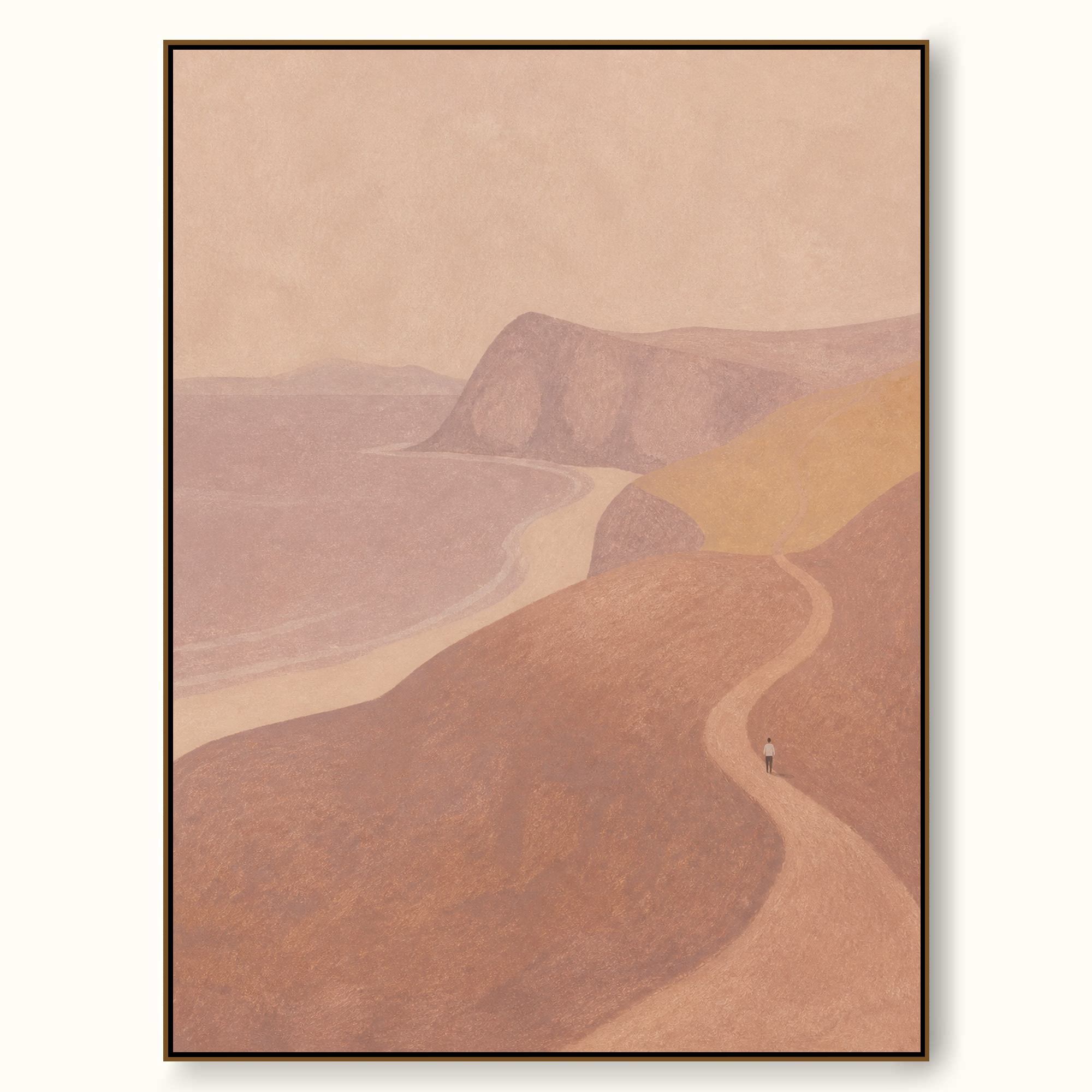 Minimalist Figure On Winding Path Hand-Painted Canvas Art In Earth Tones