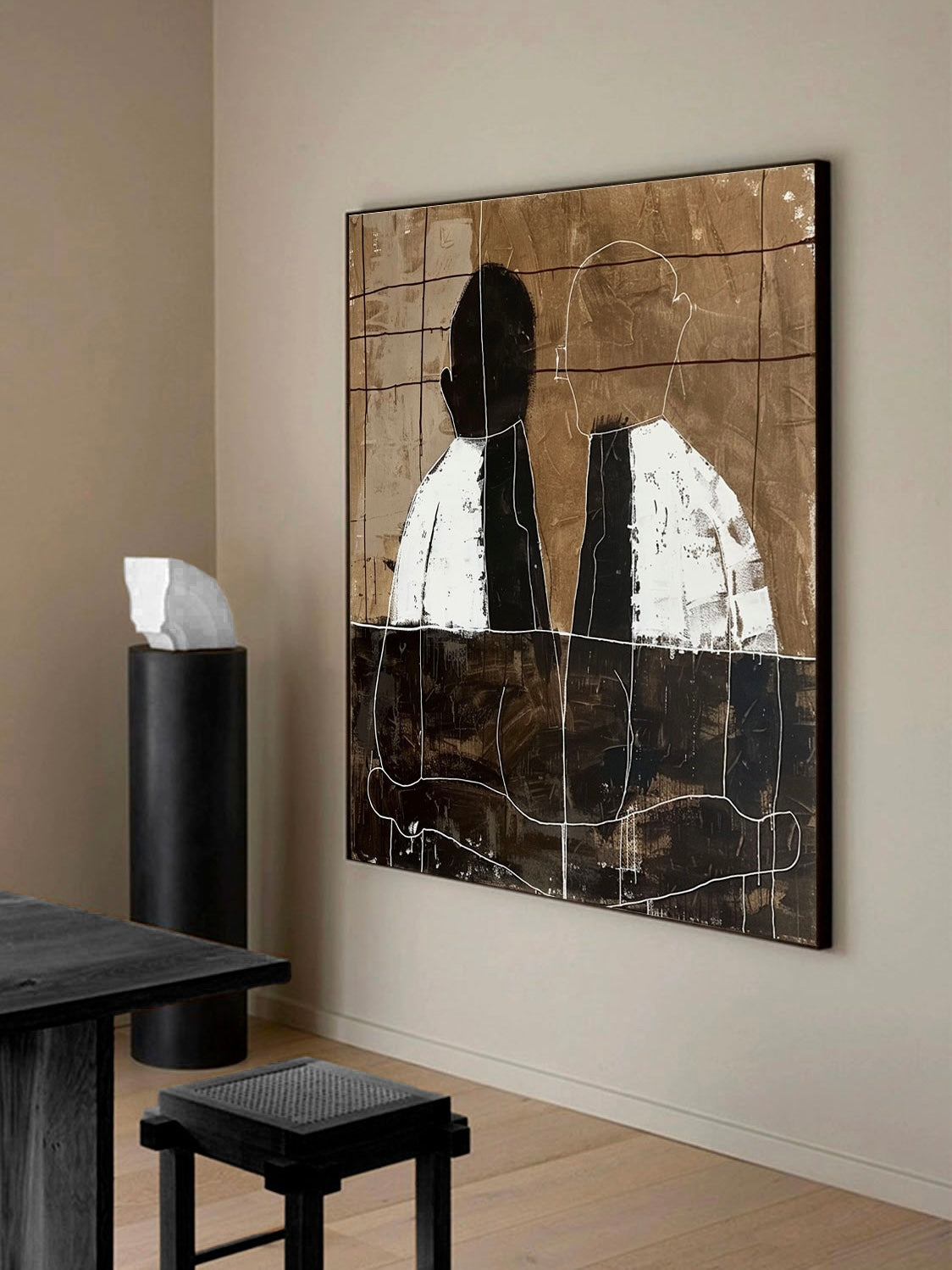 Vintage White And Black Abstract Figure Painting Original Minimalist Black And White Painting