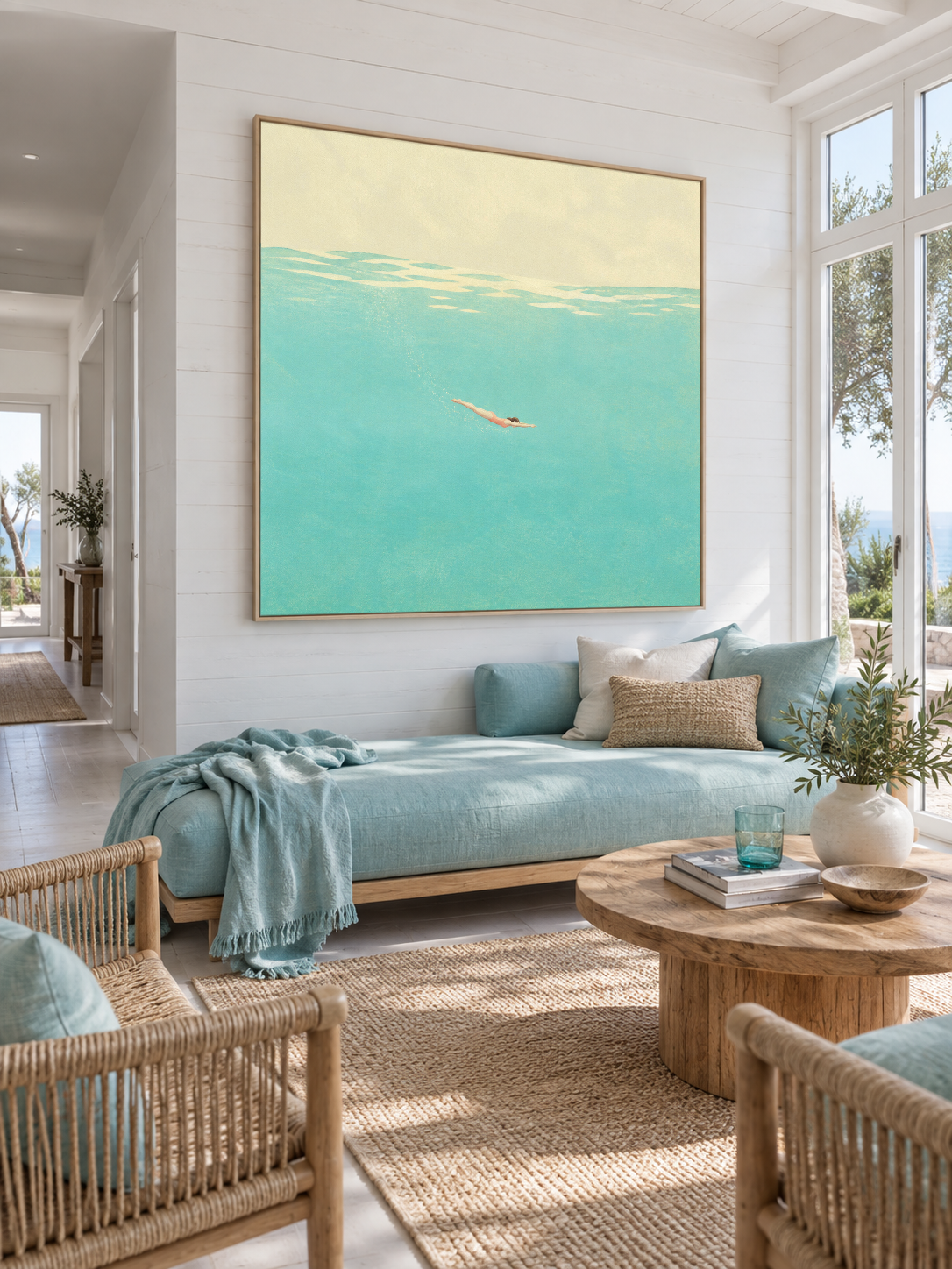 Underwater Swimmer Canvas Painting Hand-Painted Blue Sea Wall Art