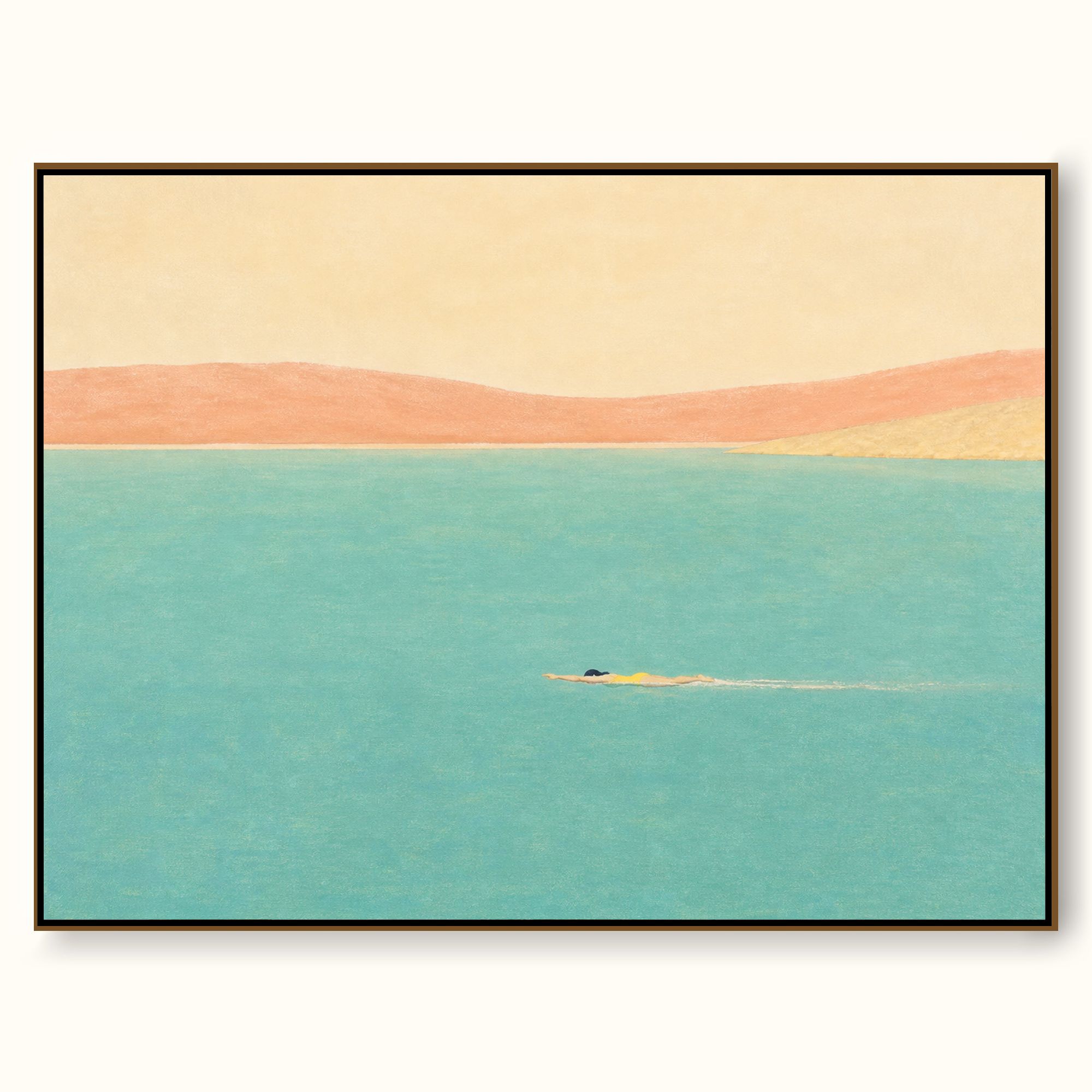 Minimalist Open Water Canvas Art With Lone Swimmer And Warm Coastal Horizon
