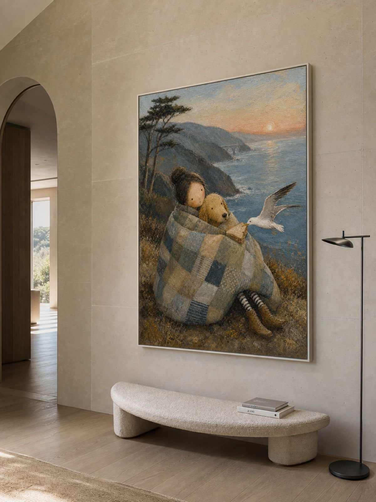 Whimsical California Coast Art With Dog And Girl For Seaside Wall Decor
