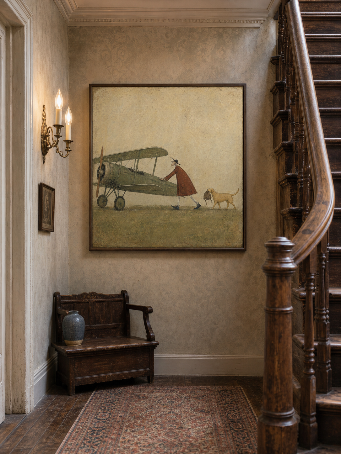 Vintage Airplane And Dog Painting Original Art For Study Room Decor