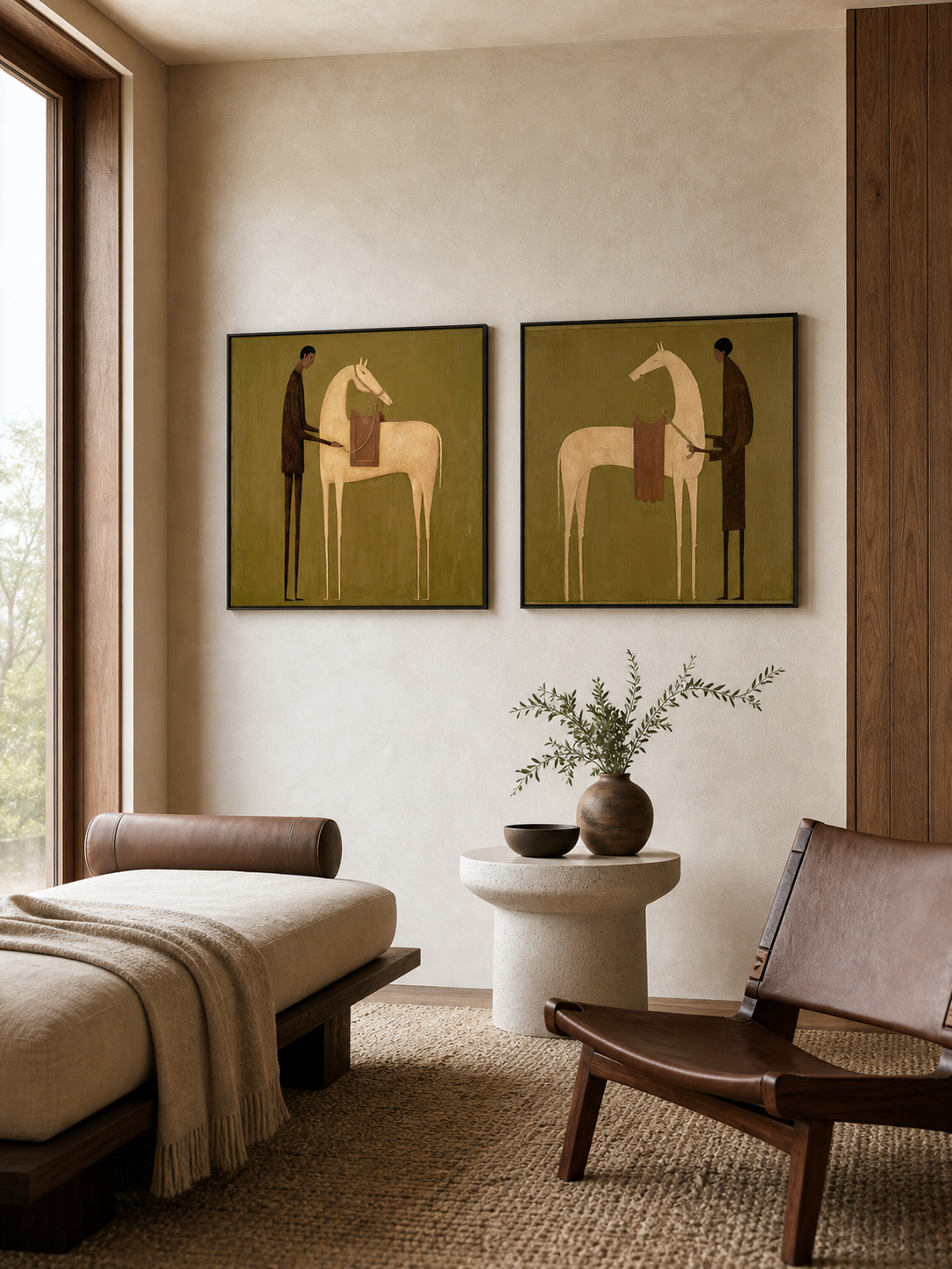 Vintage Equestrian Oil Painting Set Of Two Beige Brown Wall Art For Living Room