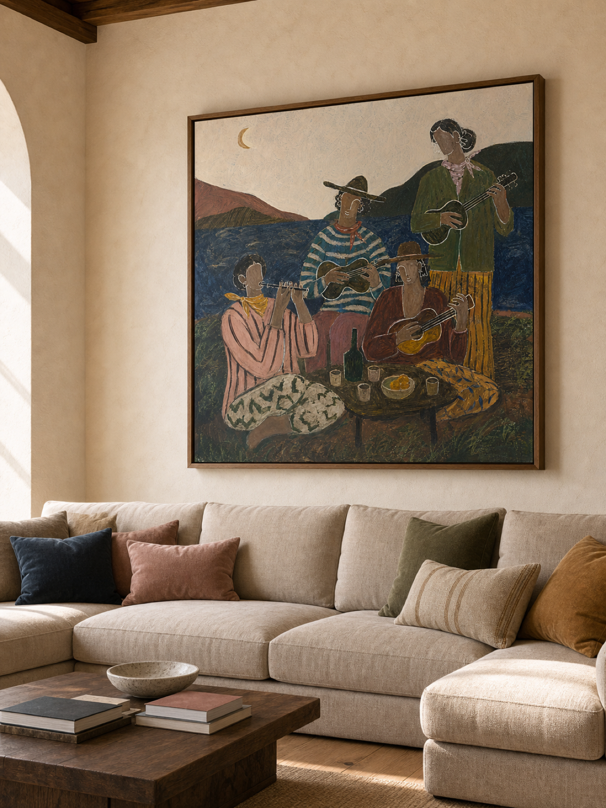 Retro Bohemian Gathering Artwork Earthy Tones Original Oil Painting For Home