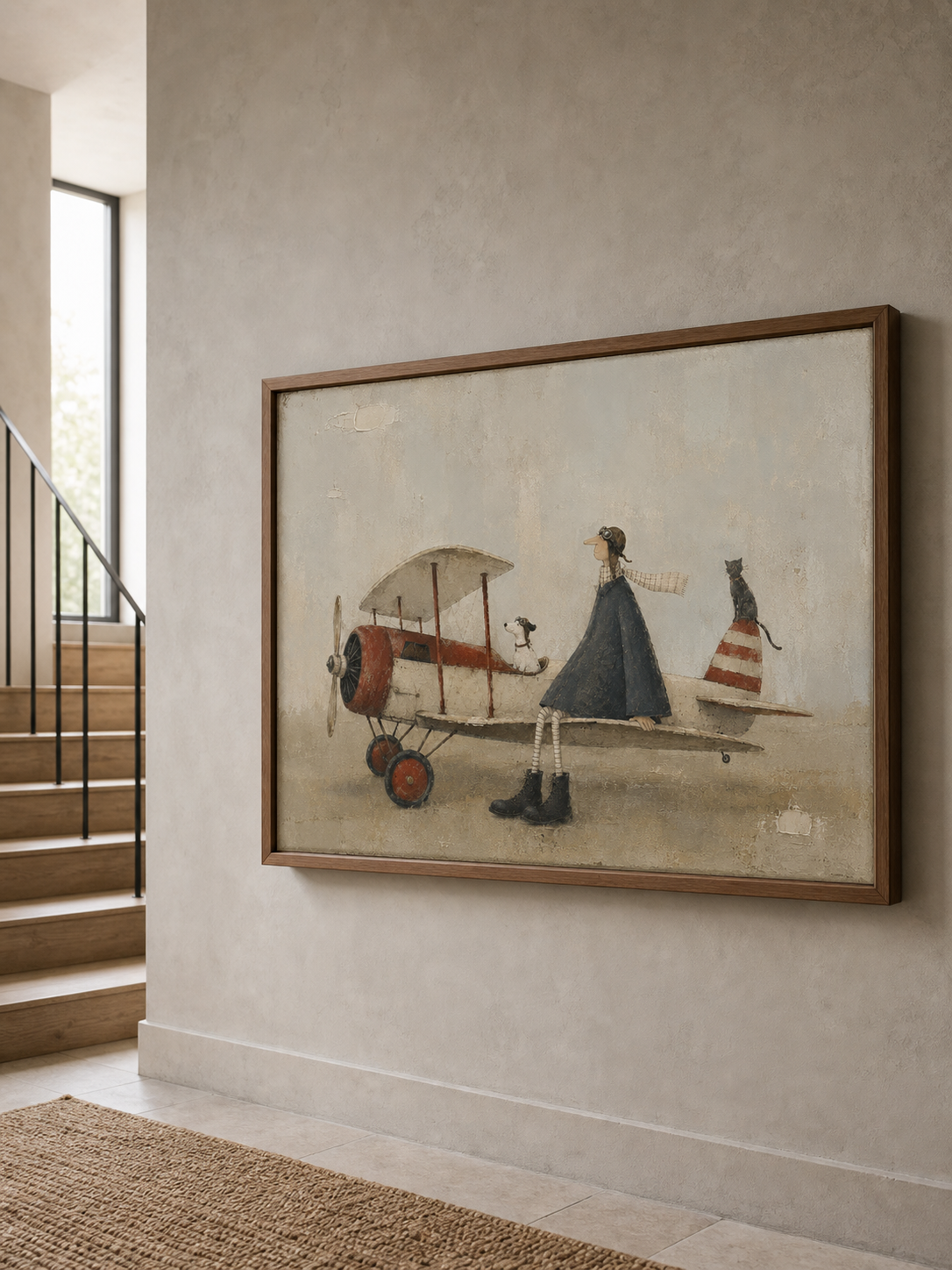 Large Framed Vintage Airplane Canvas Painting With Pilot And Cute Pets