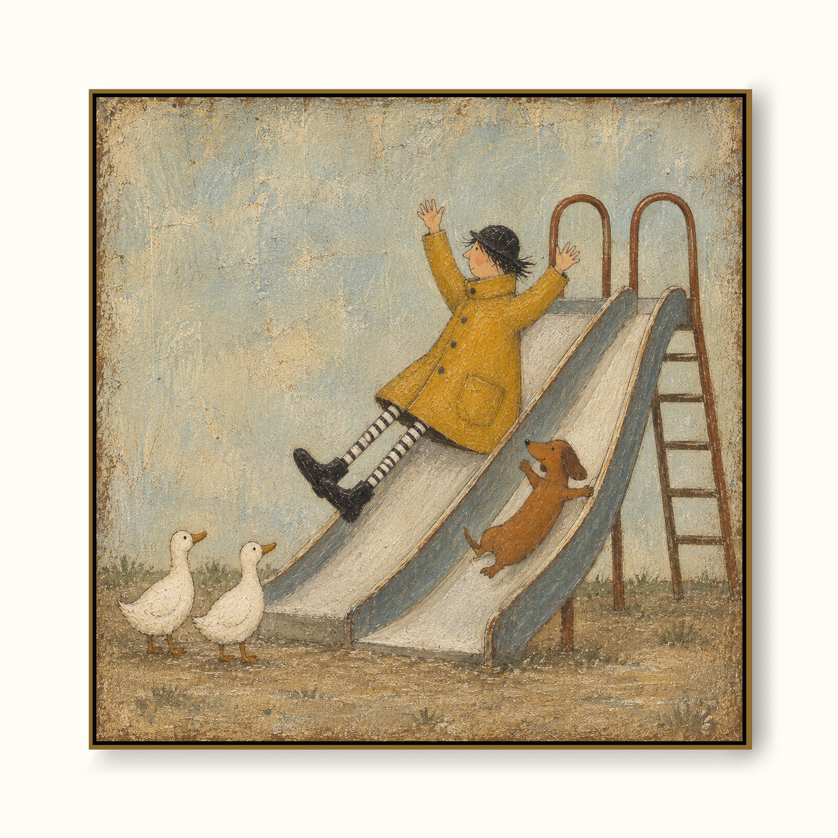 Whimsical Girl And Dog Slide Canvas Painting Hand-Painted Wall Art