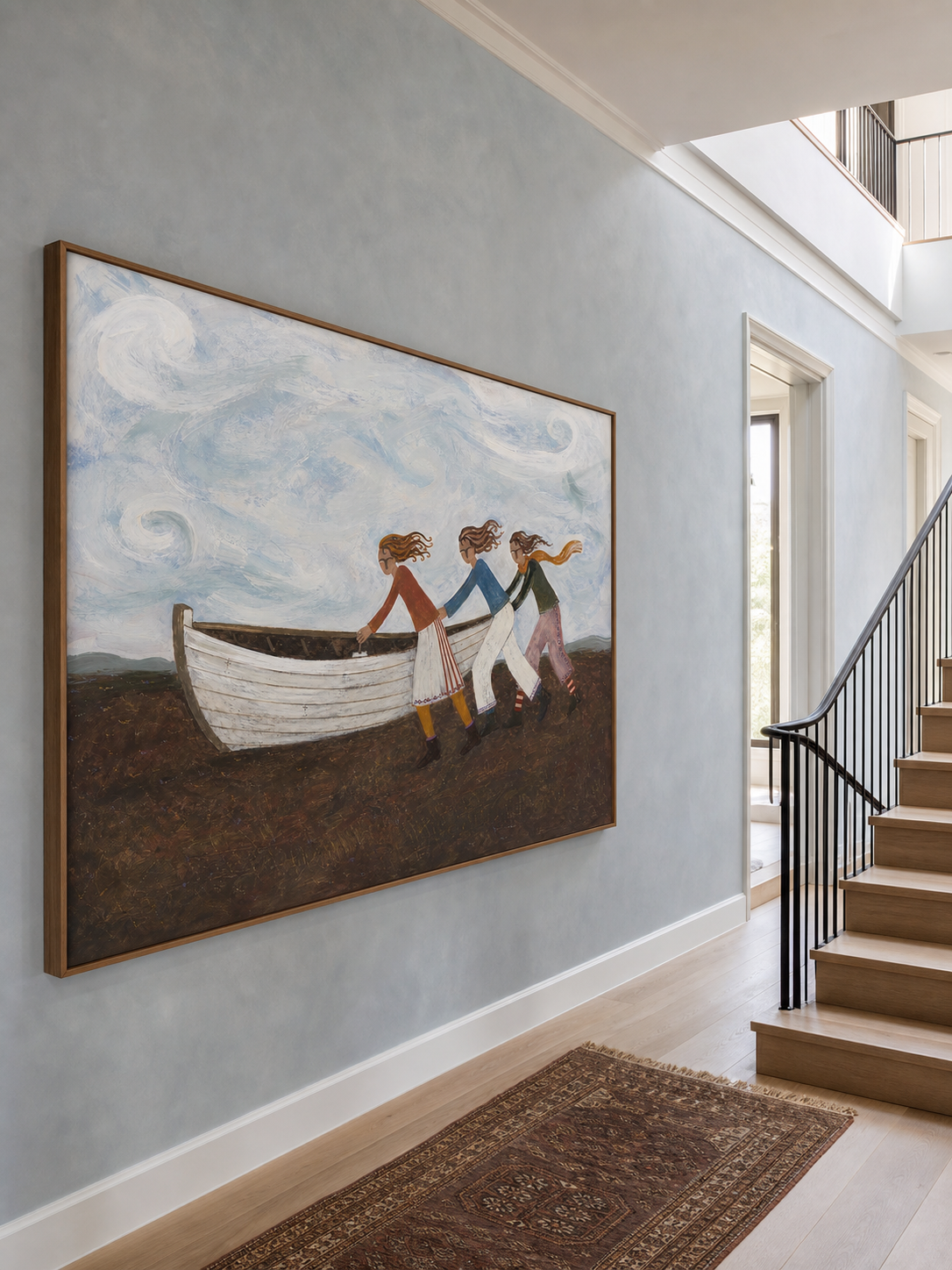 Vintage Folk Art Painting Of People Launching Boat For Coastal Home Decor
