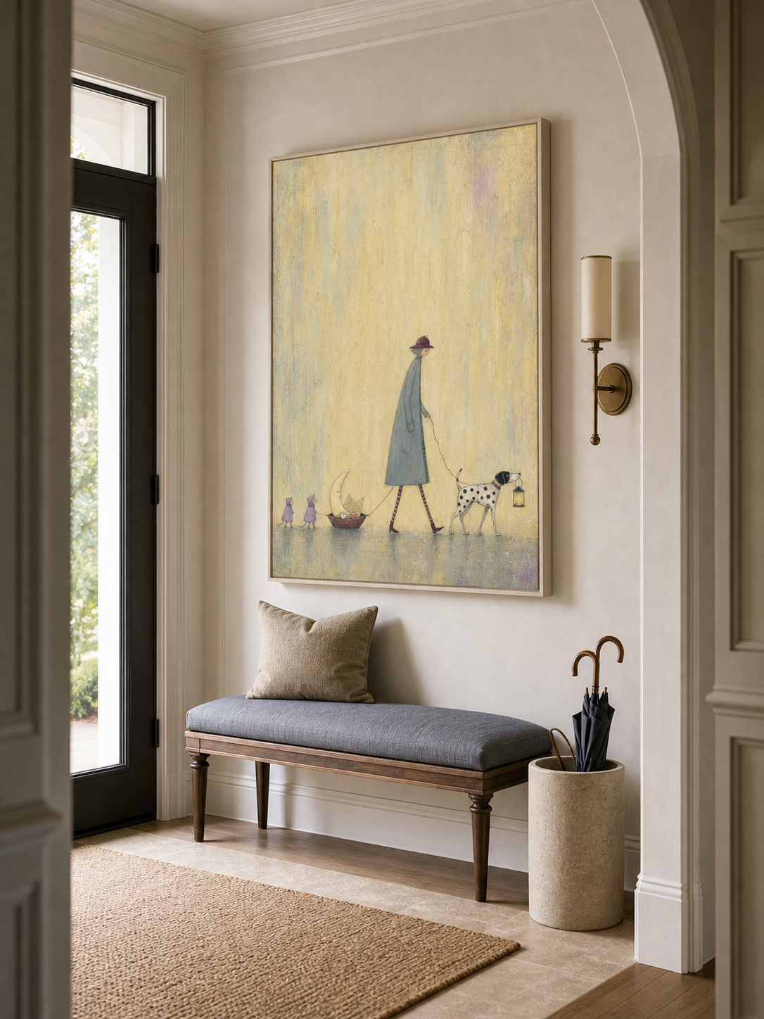 Whimsical Dog And Moon Art For Kids Room Naive Folk Painting