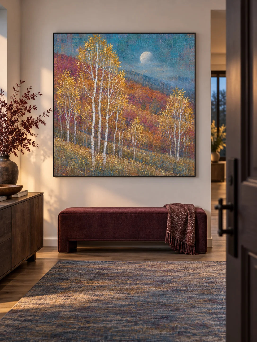 Large Textured Autumn Woodland Painting For Modern Rustic Living Room Decor