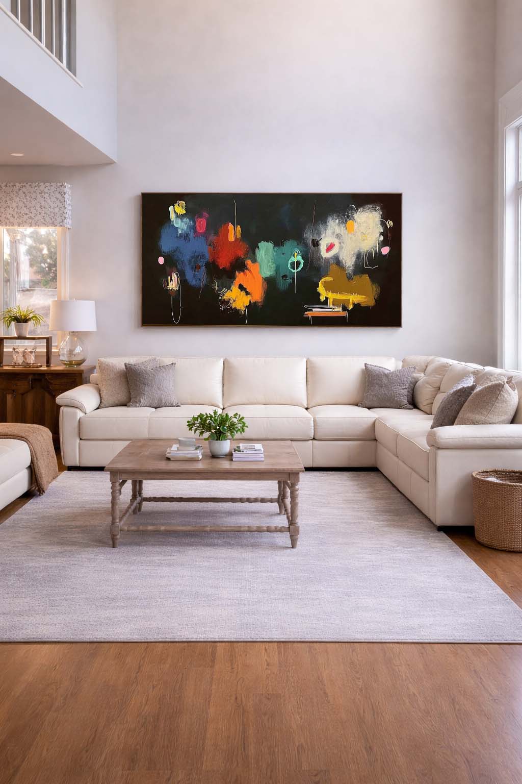 Large Horizontal Abstract Oil Painting With Vibrant Colors For Modern Living Room