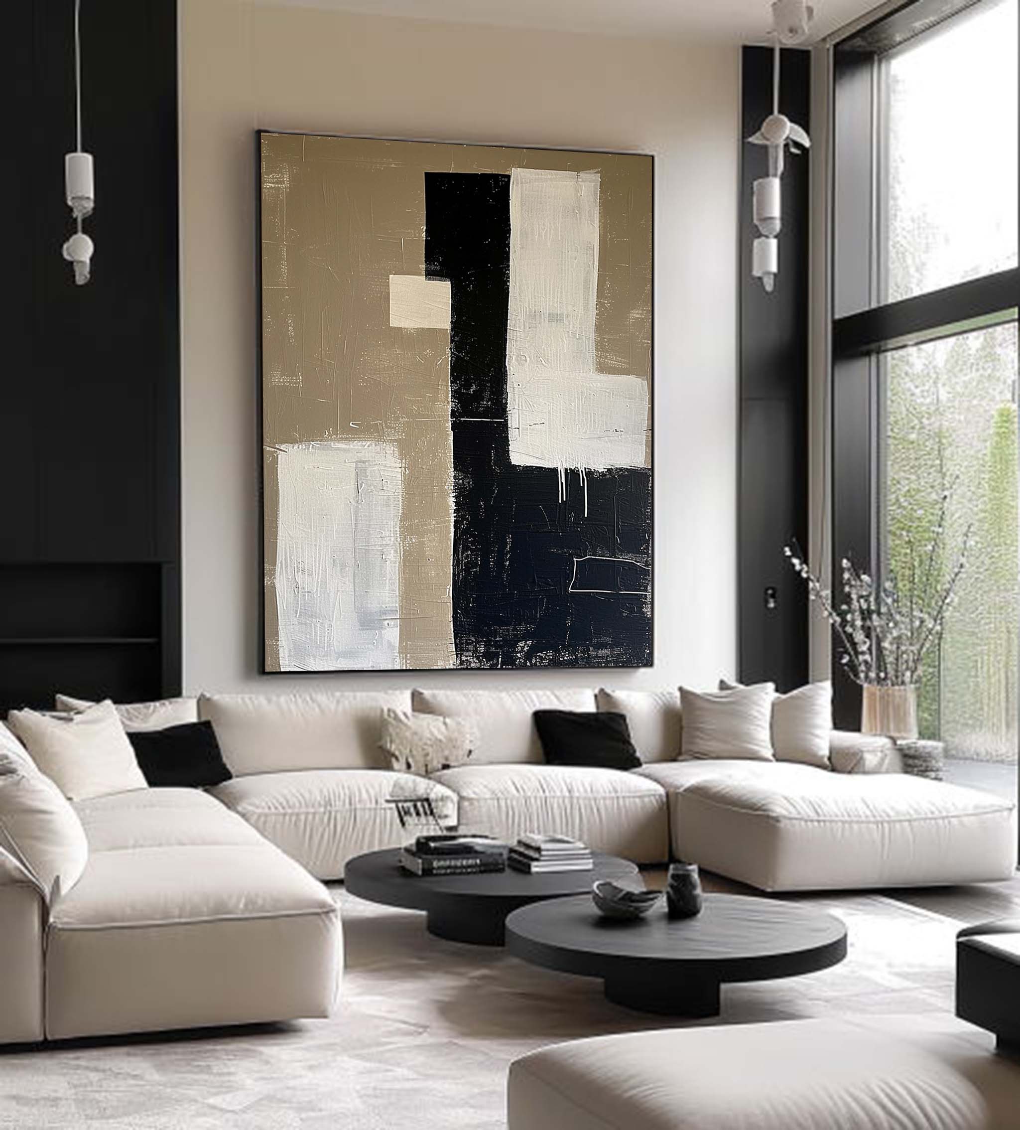 Large Beige Canvas Painting Neutral Beige Minimalist Wall Art Black Beige Texture Wall Art