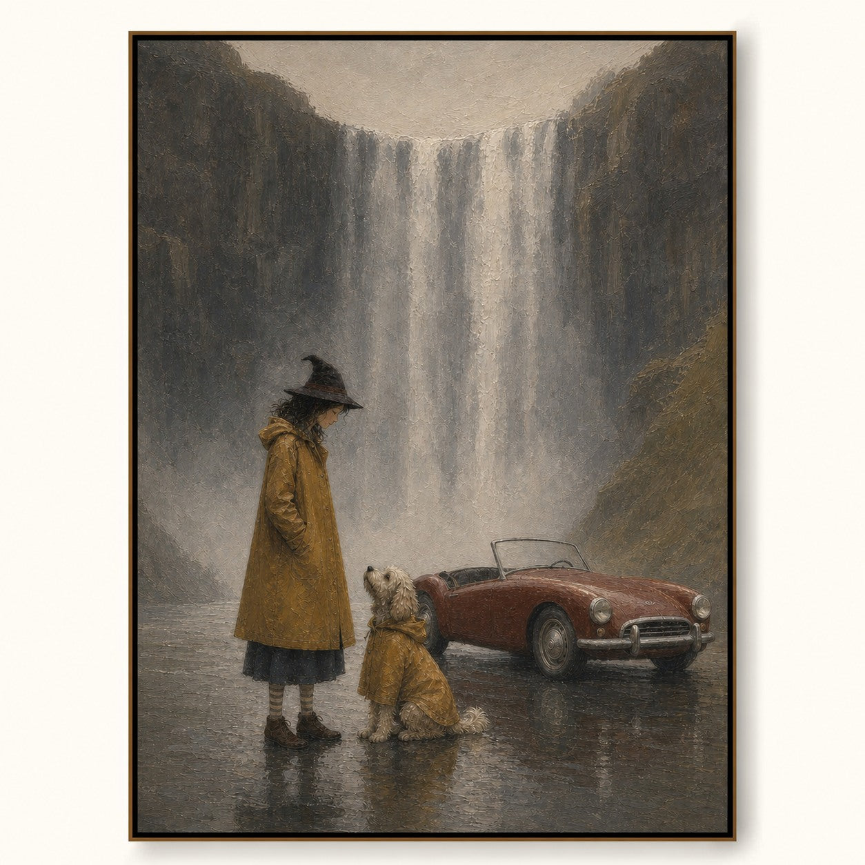 Hand Painted Vintage Adventure Painting With Dog Waterfall Travel Story Art