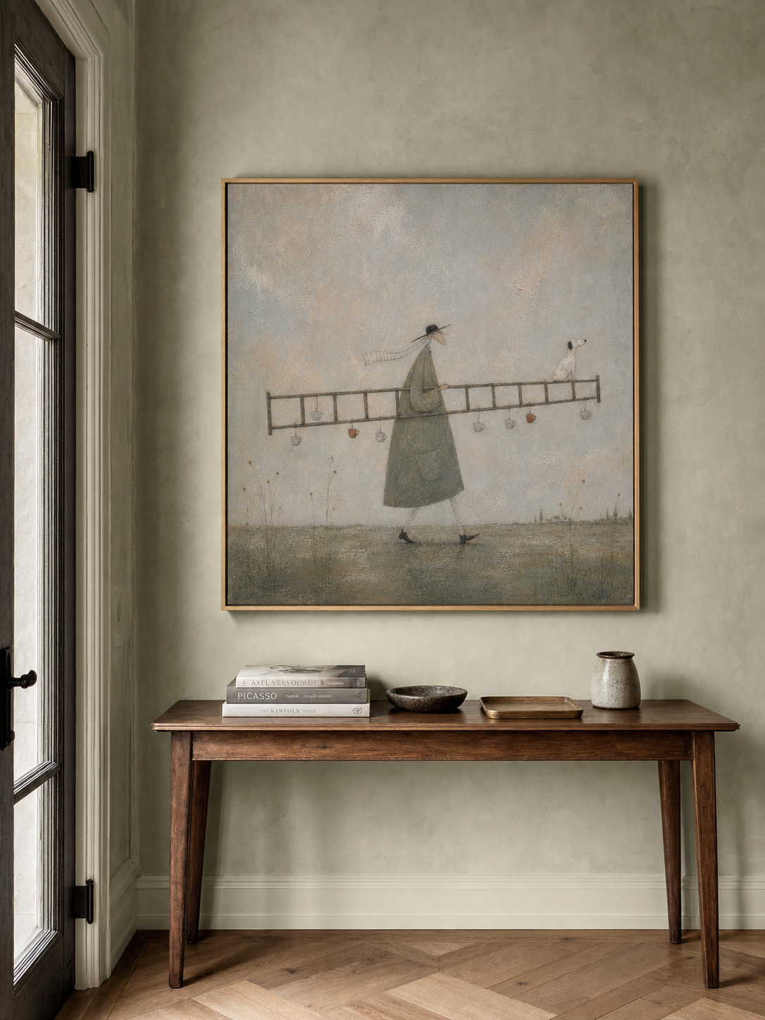 Original Man With Ladder Oil Painting Handmade Whimsical Wall Art For Living Room