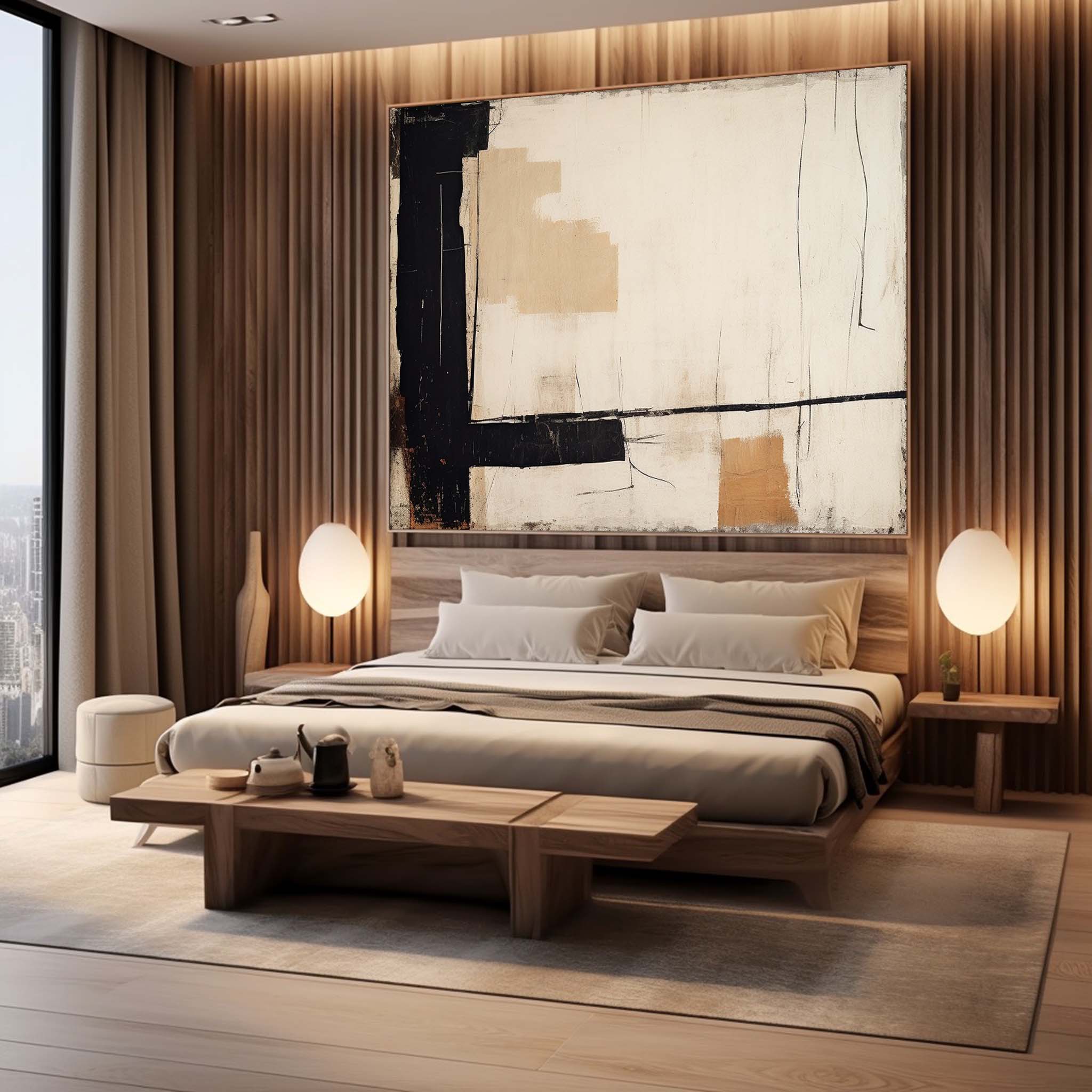 Neutral Beige & Black Painting On Canvas Large Beige Abstract Minimalist Painting Black Beige Wall Art