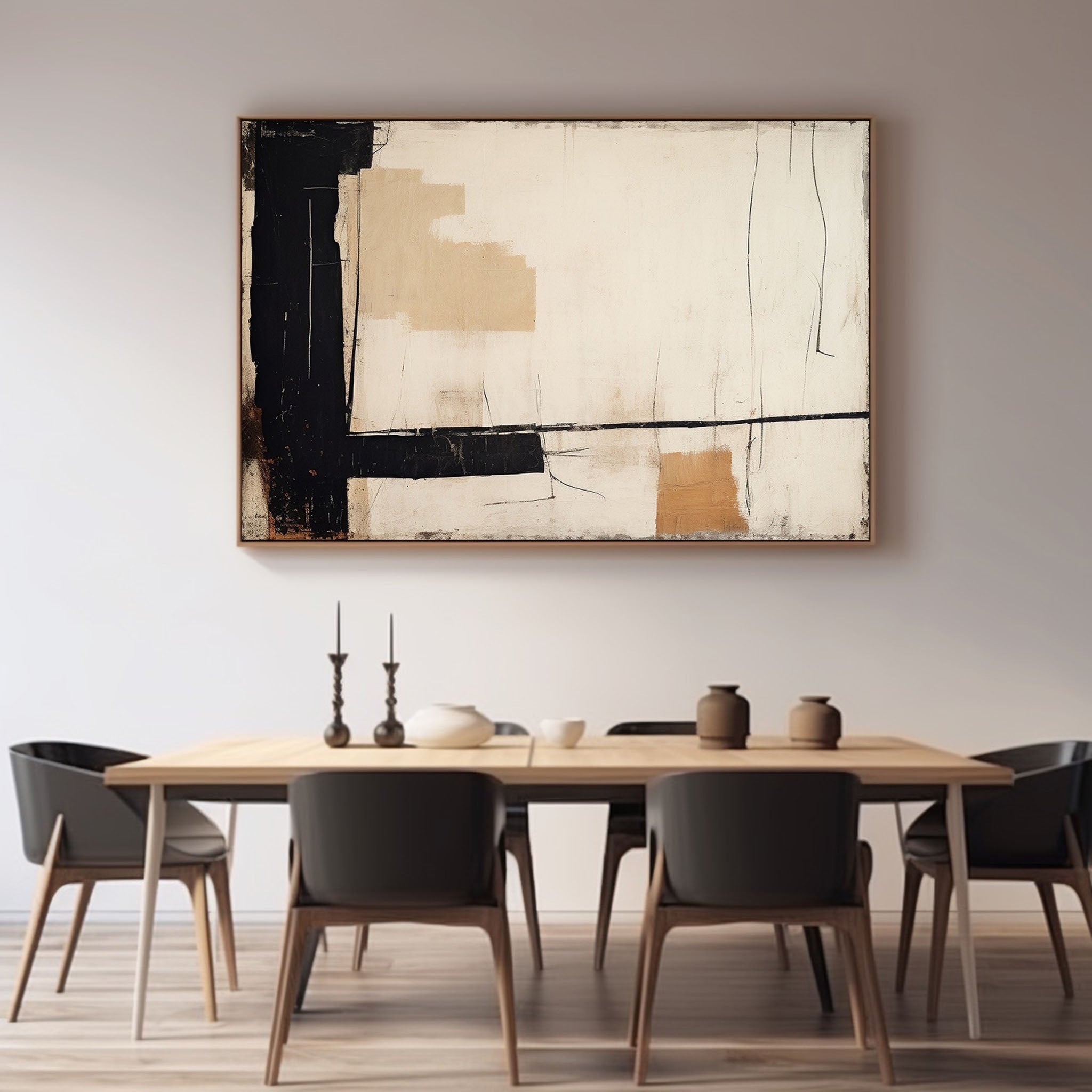 Neutral Beige & Black Painting On Canvas Large Beige Abstract Minimalist Painting Black Beige Wall Art