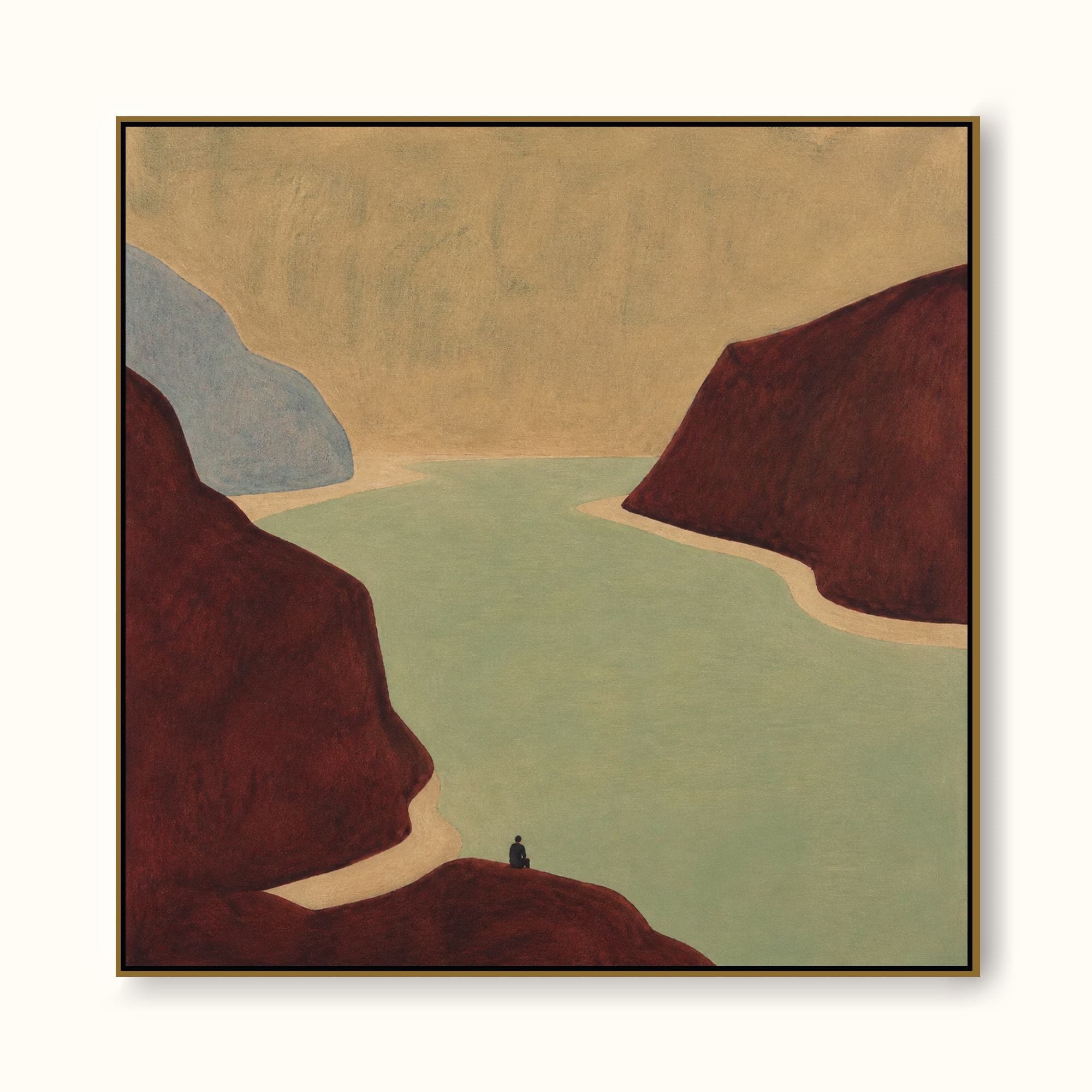 Burgundy Canyon Landscape Hand-Painted Canvas Art With Sage Green Lake