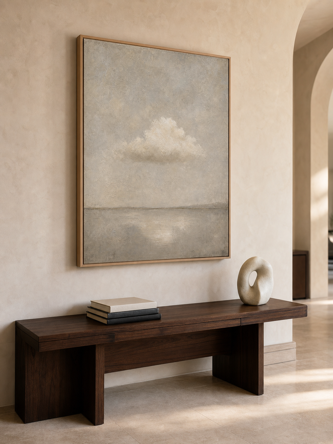 Original Vertical Beige Cloud Landscape Painting Framed Canvas Art