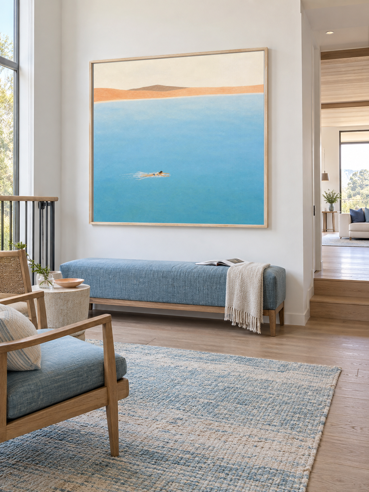 Woman Swimming In Blue Sea Hand-Painted Canvas Art With Distant Shore