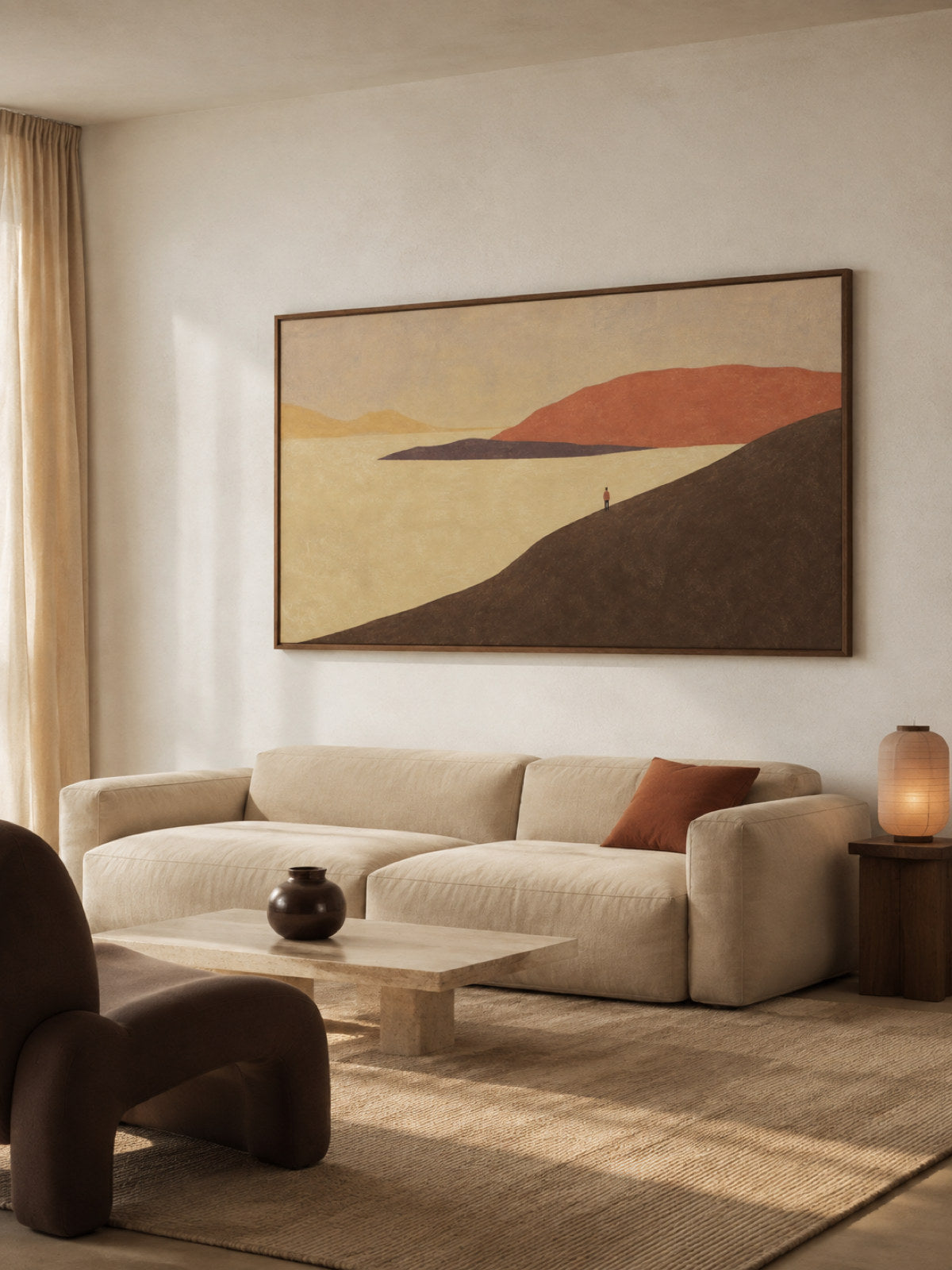 Hand-Painted Rust Red Lake Landscape Canvas Wall Art With Small Lone Figure