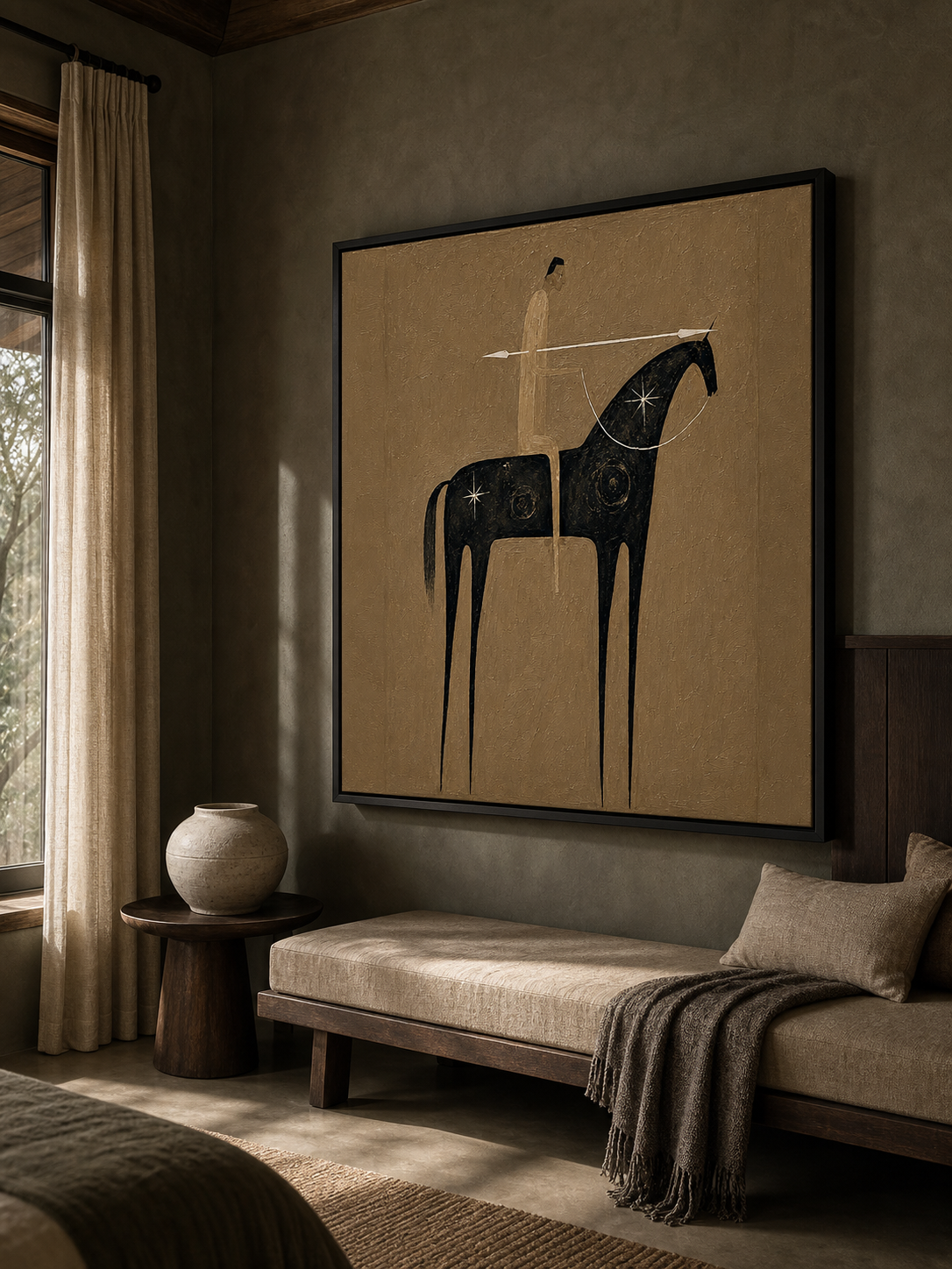 Vintage Abstract Horse And Rider Painting On Linen Canvas For Living Room Decor