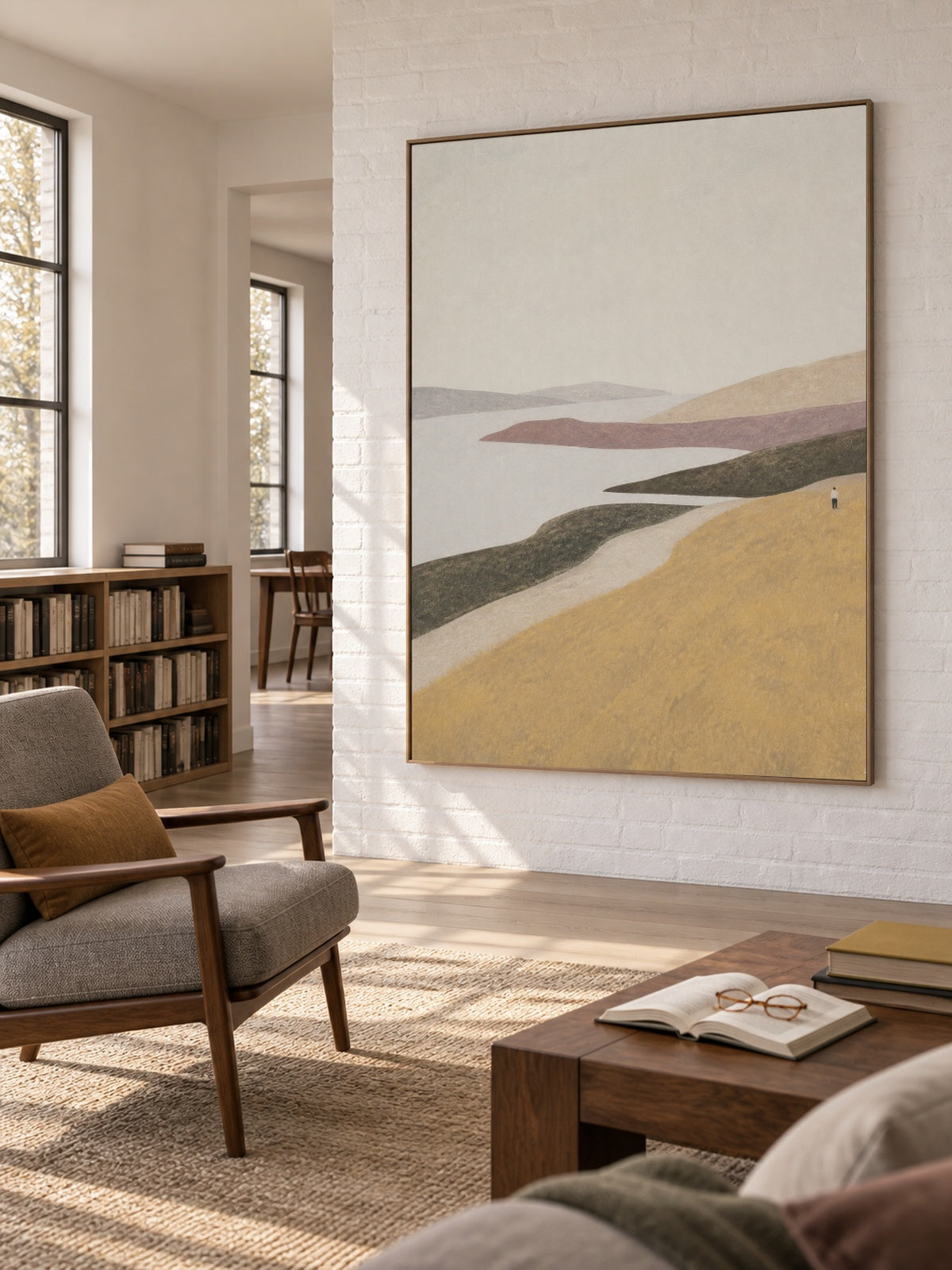 Large Golden Lakeside Canvas Art With Lone Figure For Living Room Decor