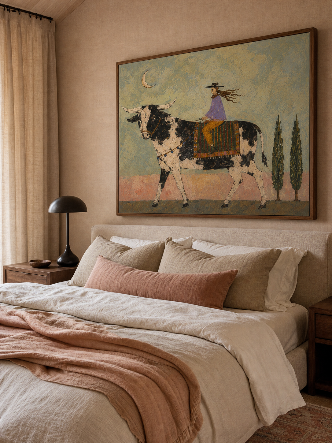 Hand Painted Western Folk Art Bull Rider Canvas For Rustic Home Decor
