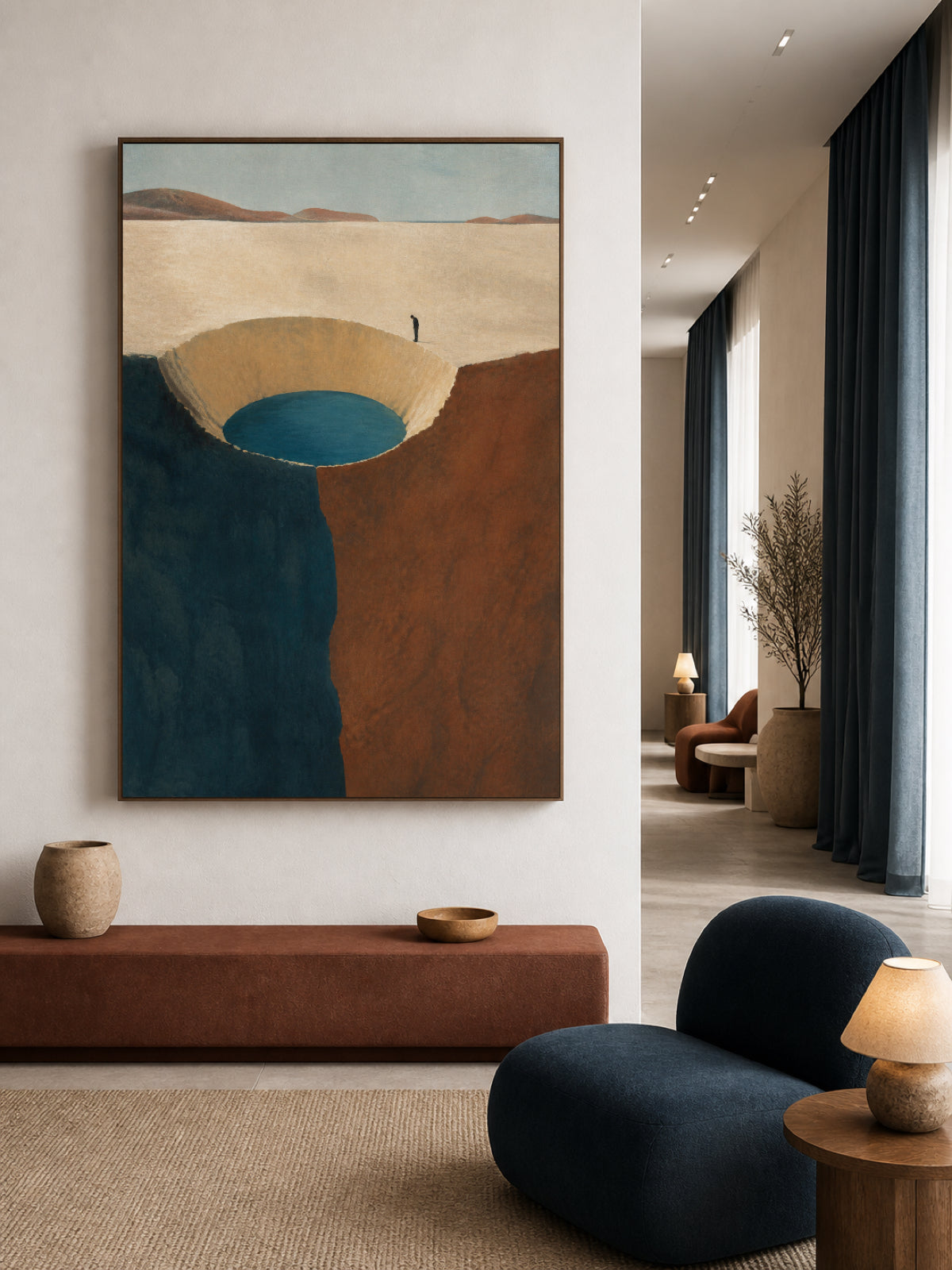 Volcanic Crater Lake Painting With Lone Explorer Hand-Painted Wall Art