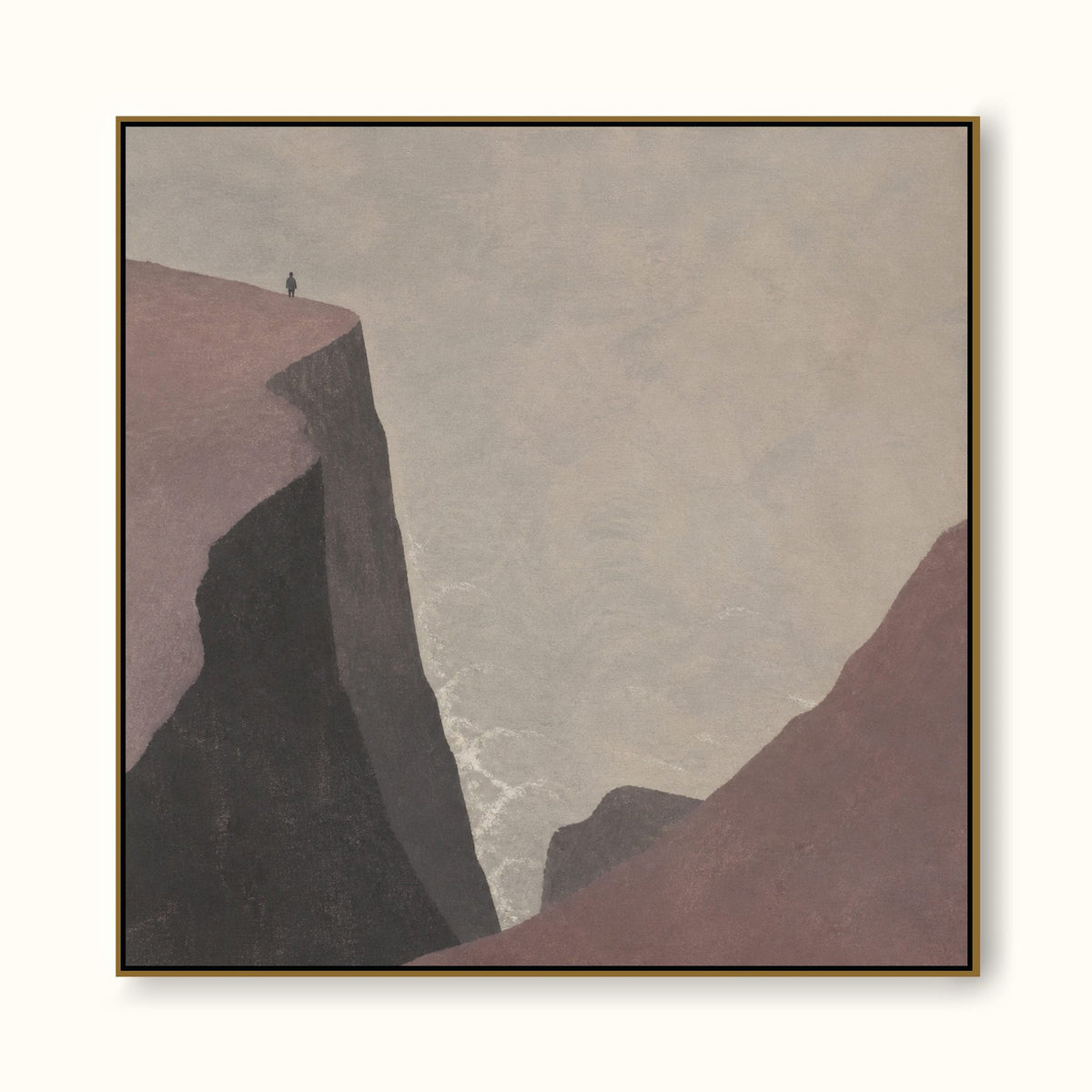 Coastal Cliff Figure Hand-Painted Canvas Art In Beige And Gray Tones