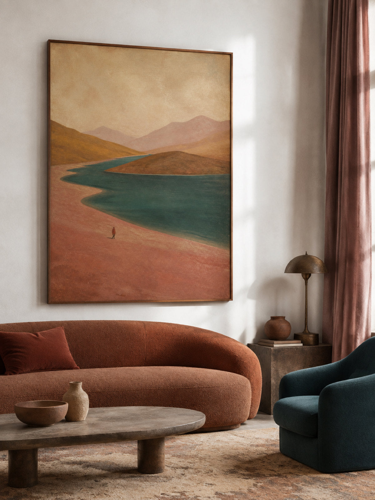 Hand-Painted Winding River Landscape Canvas Wall Art With Lone Red Figure