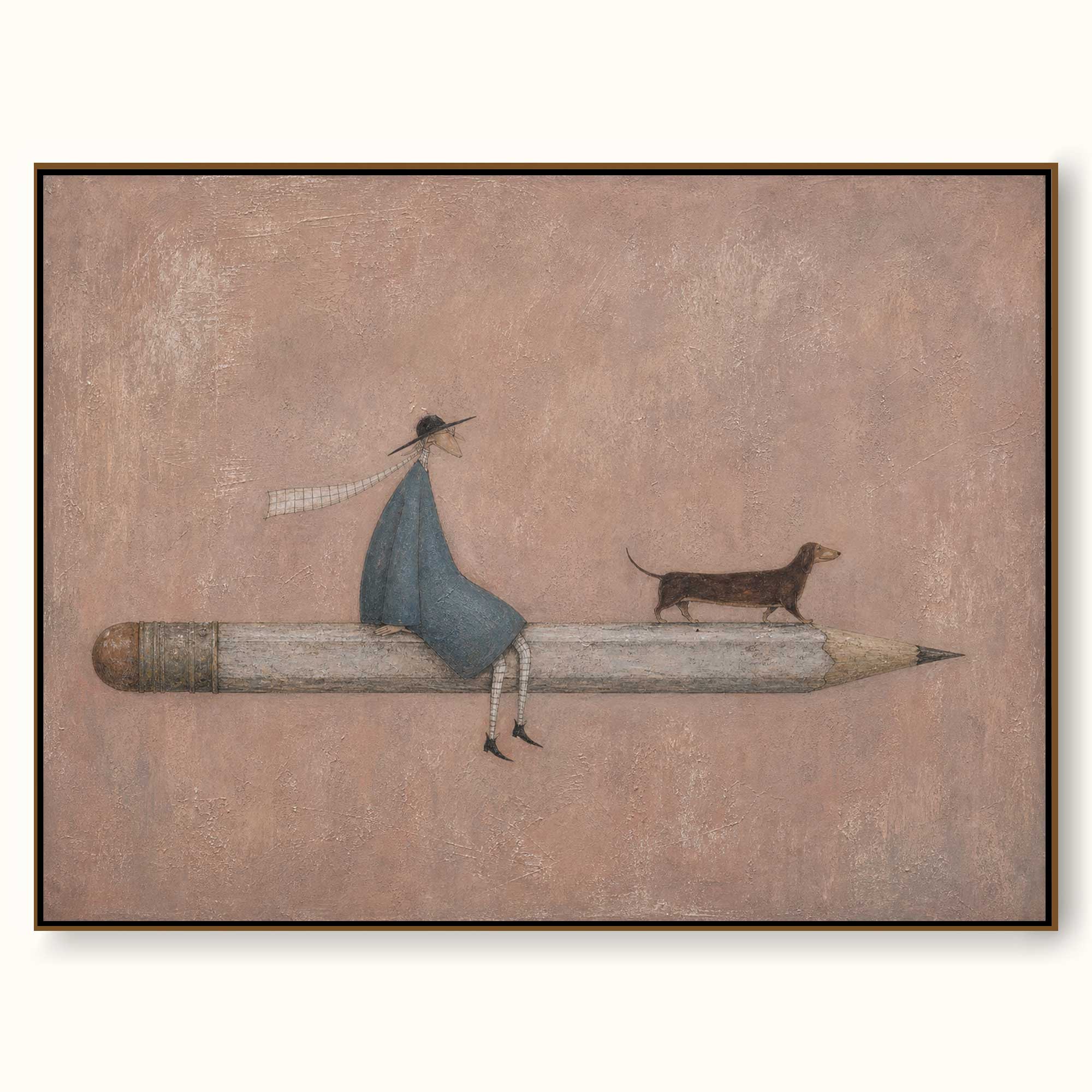 Quirky Dachshund And Girl On Pencil Painting Hand Made Canvas Art For Home Office Decor
