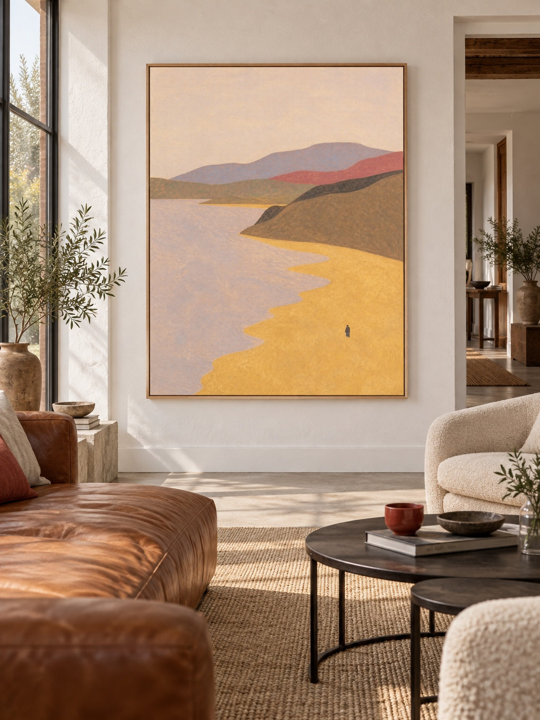 Hand-Painted Coastal Landscape Canvas Art With Golden Shore And Solitary Figure