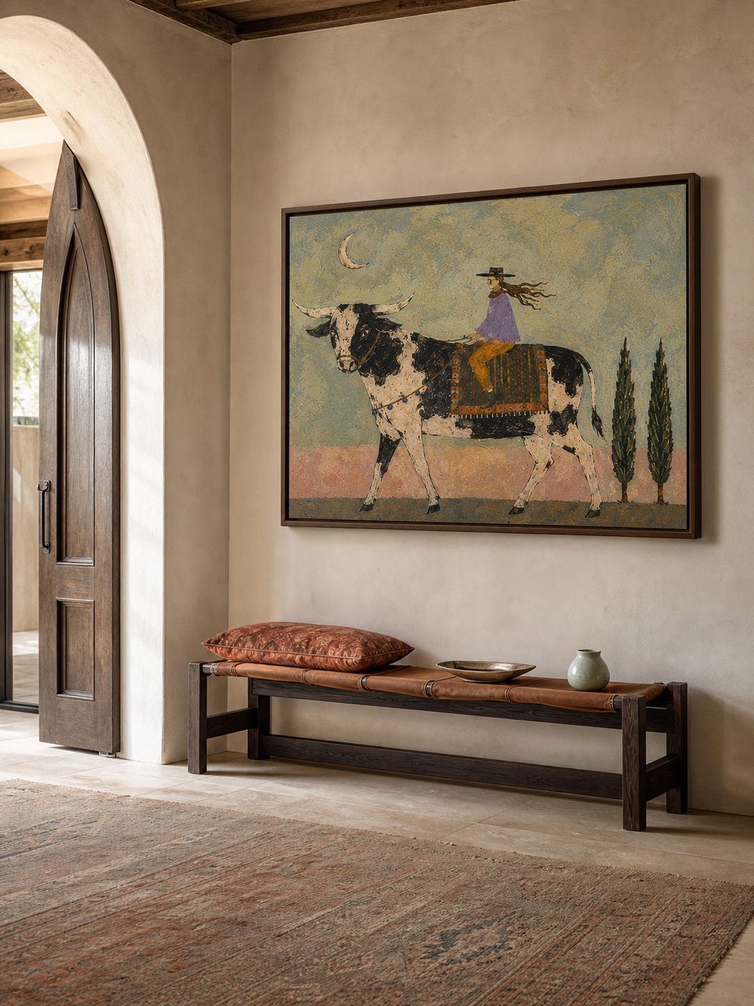 Hand Painted Western Folk Art Bull Rider Canvas For Rustic Home Decor