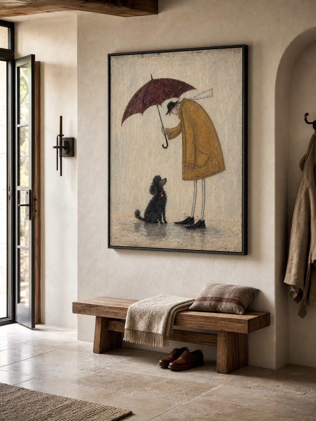 Original Hand-Painted Man And Black Poodle Wall Art, Rainy Day Companion Painting