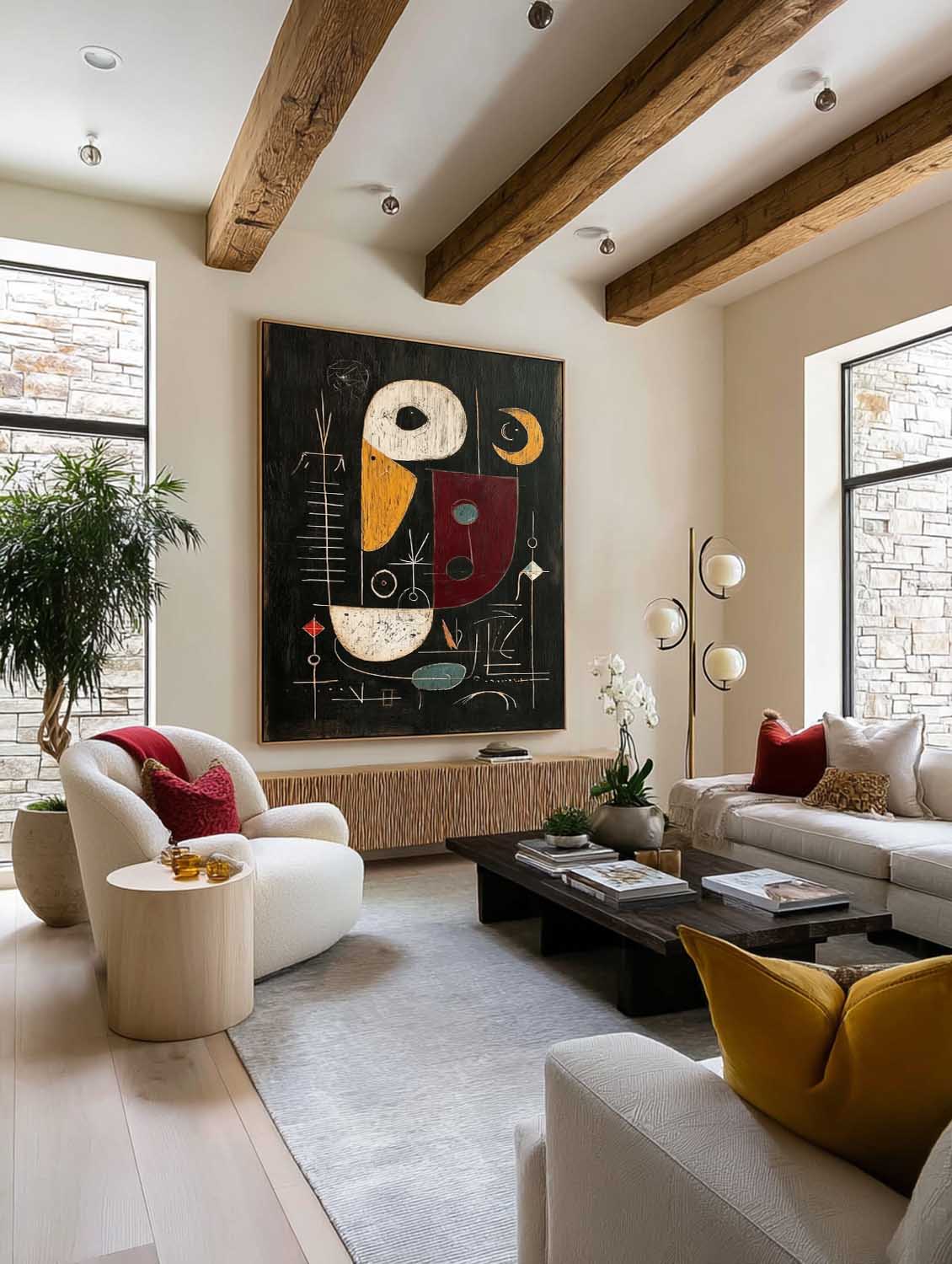 Tall Vertical Abstract Painting With Bold Geometric Shapes And Red Accents