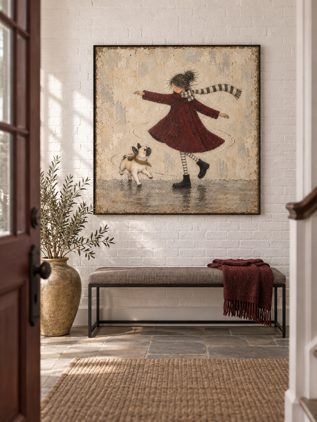 Girl And French Bulldog Dancing Canvas Painting Hand-Painted Wall Art