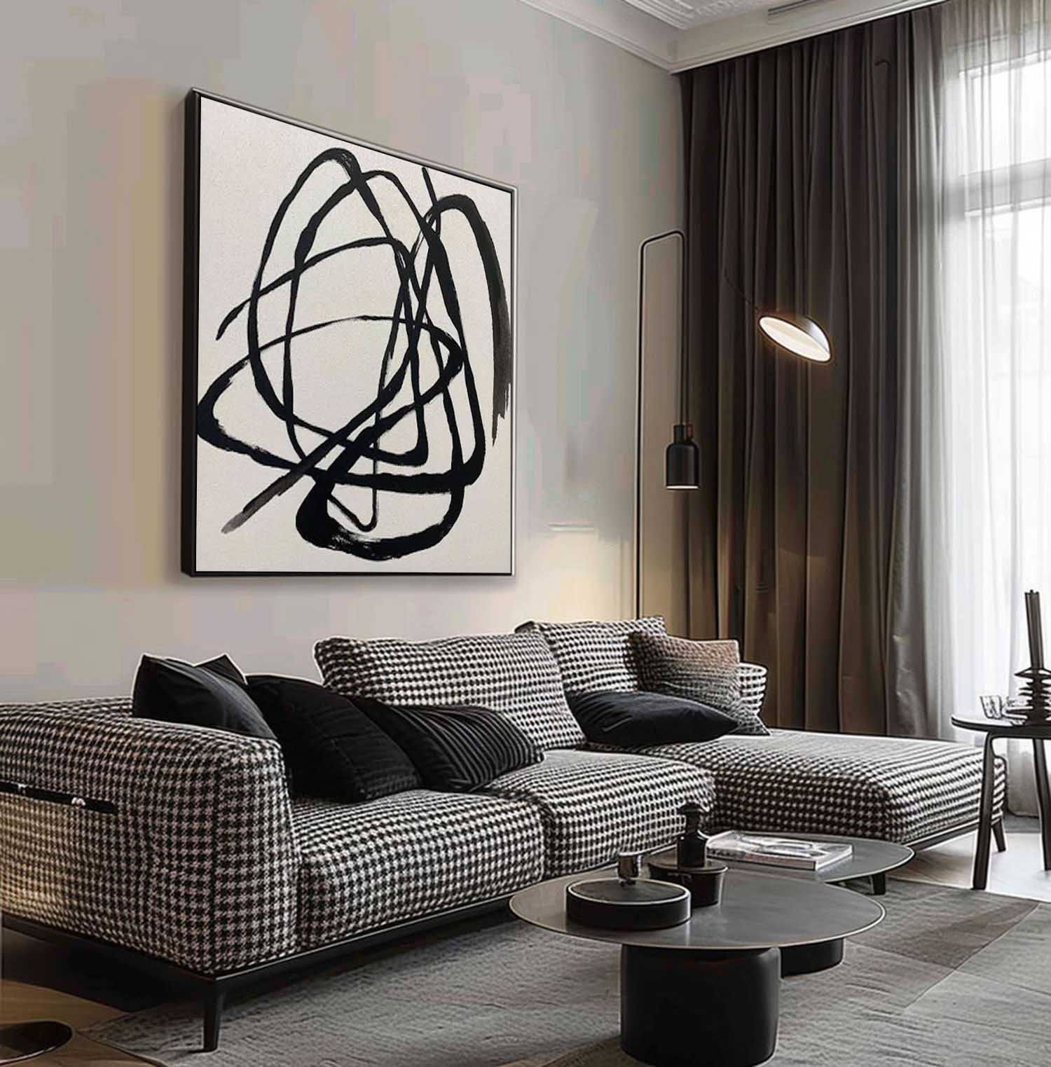 Black Line Minimalist Wall Art Black Abstract Line Painting Beige and Black Abstract Line Painting