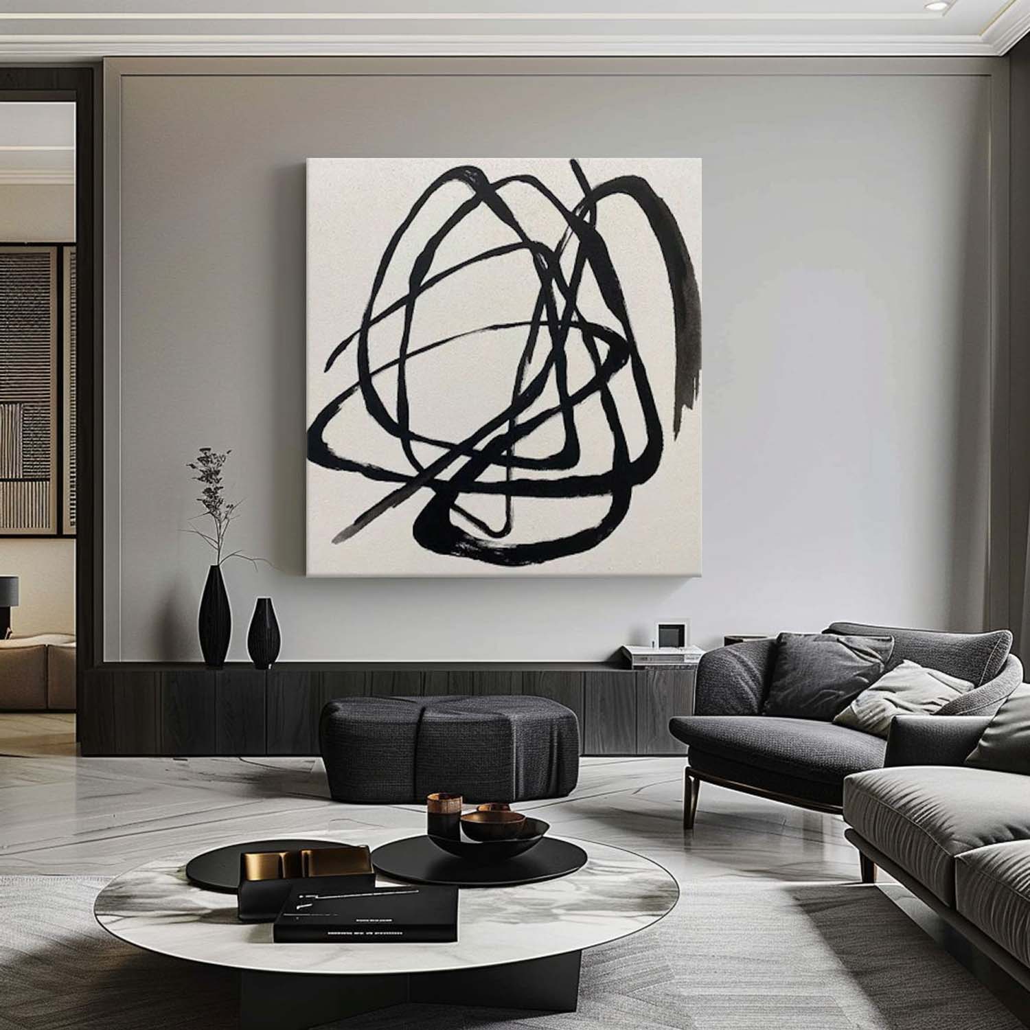 Black Line Minimalist Wall Art Black Abstract Line Painting Beige and Black Abstract Line Painting