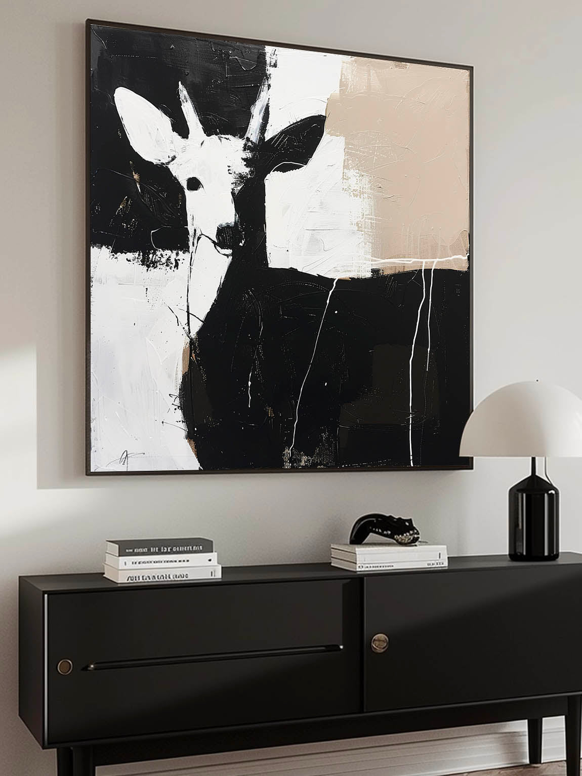 Retro Original Black And White Deer Painting Large Black And White Canvas Art Retro Minimalist Deer Painting On Canvas