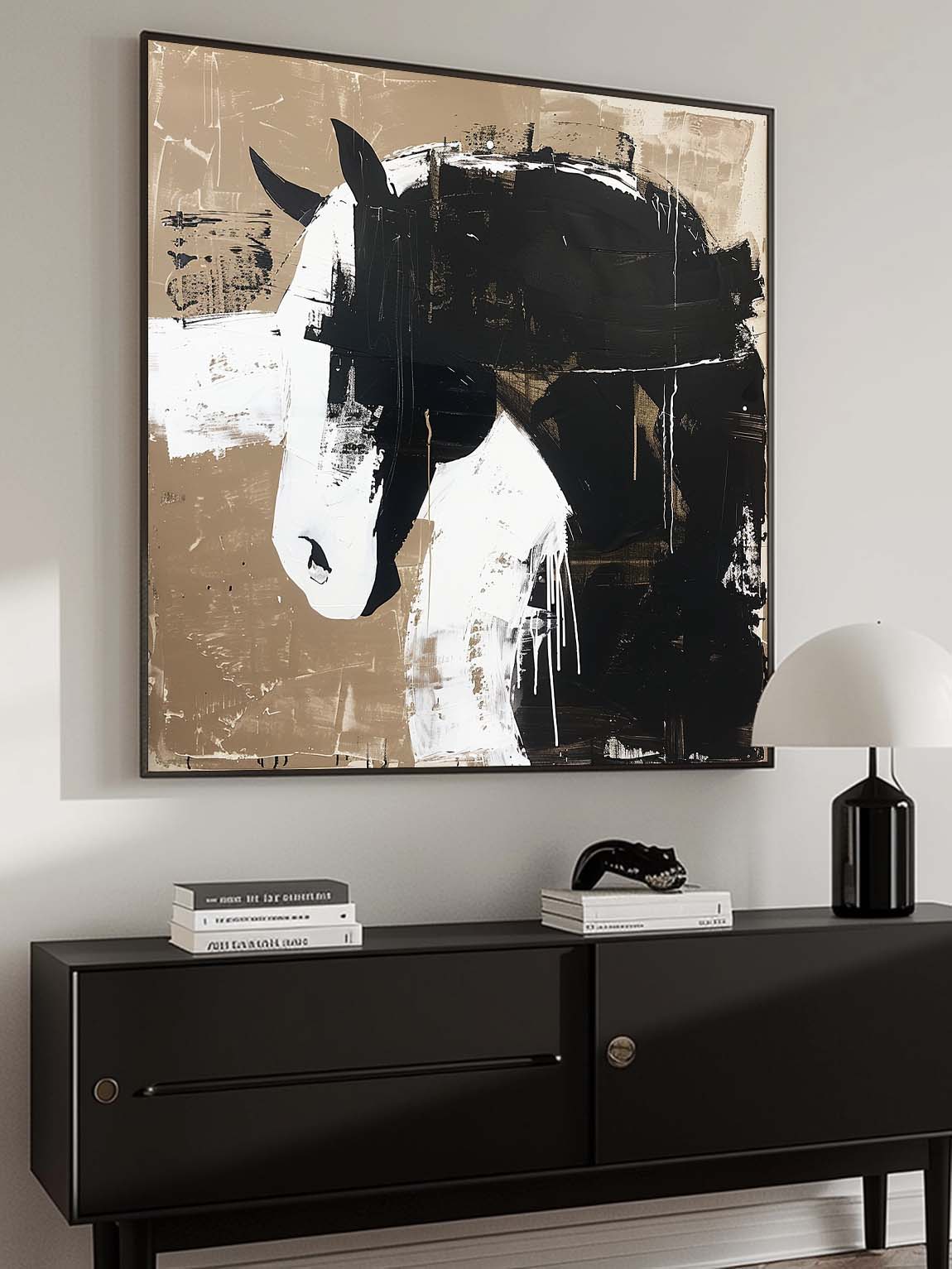 Original Vintage Black And White Horse Wall Art Retro Wabi Sabi Oil Painting Retro Neutral Decor
