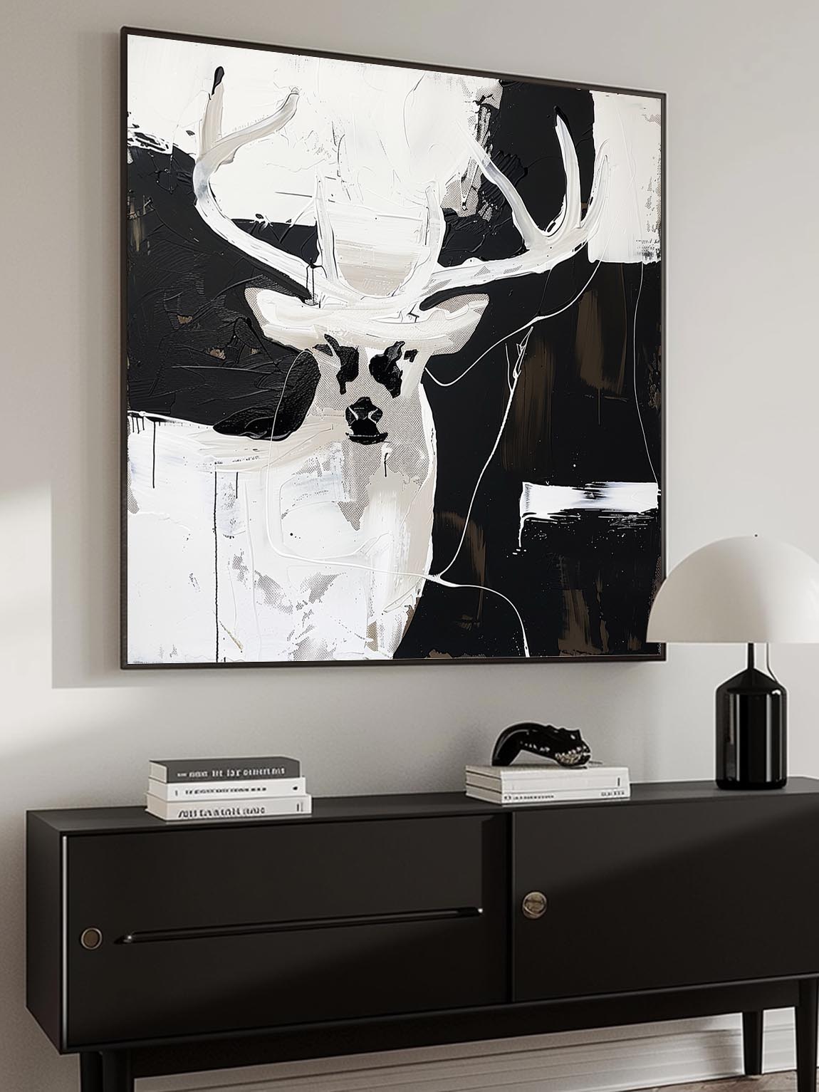 Vintage-Inspired Neutral Deer Painting Black And White Deer Painting Large Black And White Abstract Canvas Art