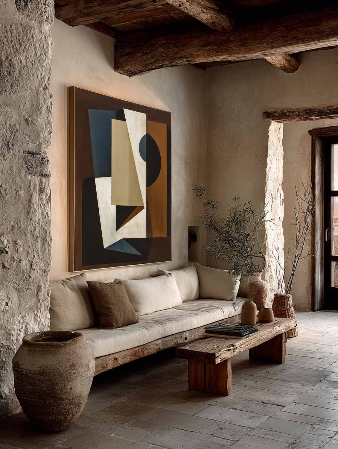 Large Minimalist Geometric Painting Abstract Earth Tone Wall Art Original Geometric Dark Oil Artwork